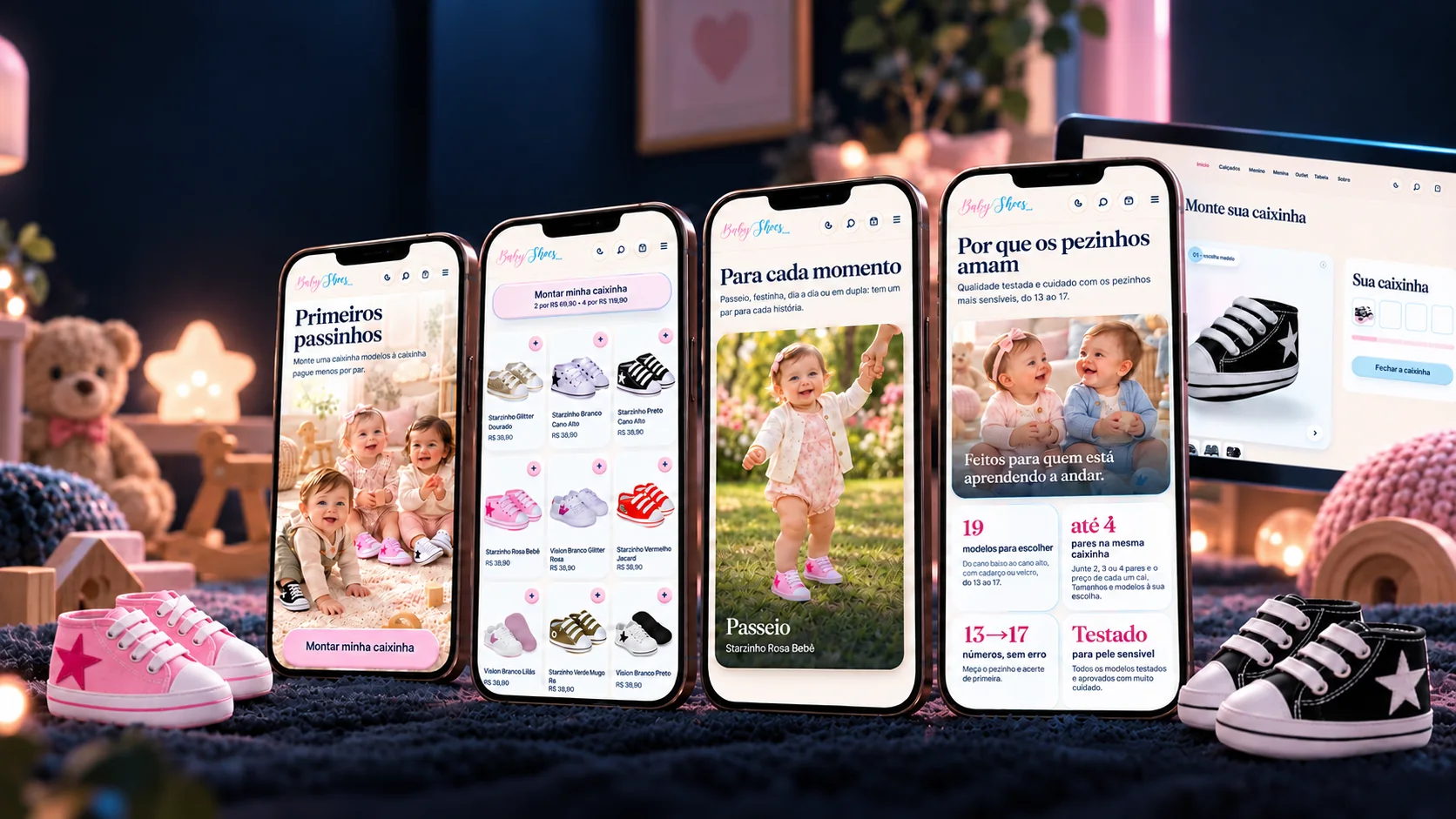 Four phones and a monitor showing the BabyShoes store screens, in a baby's room at night