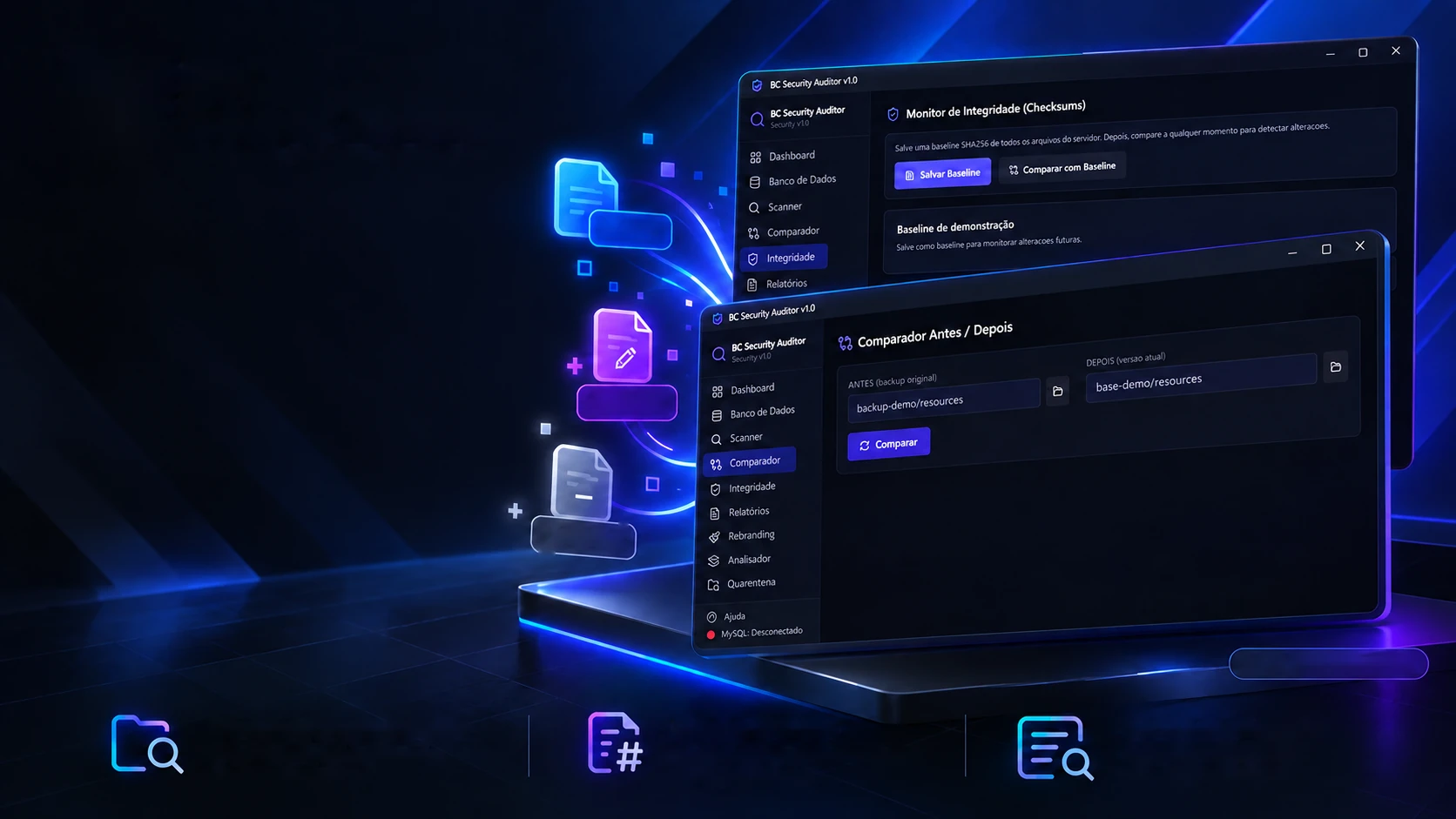 Dos ventanas del auditor sobre una base iluminada en azul: el comparador antes y después y el monitor de integridad, con íconos de archivos nuevos, cambiados y eliminados