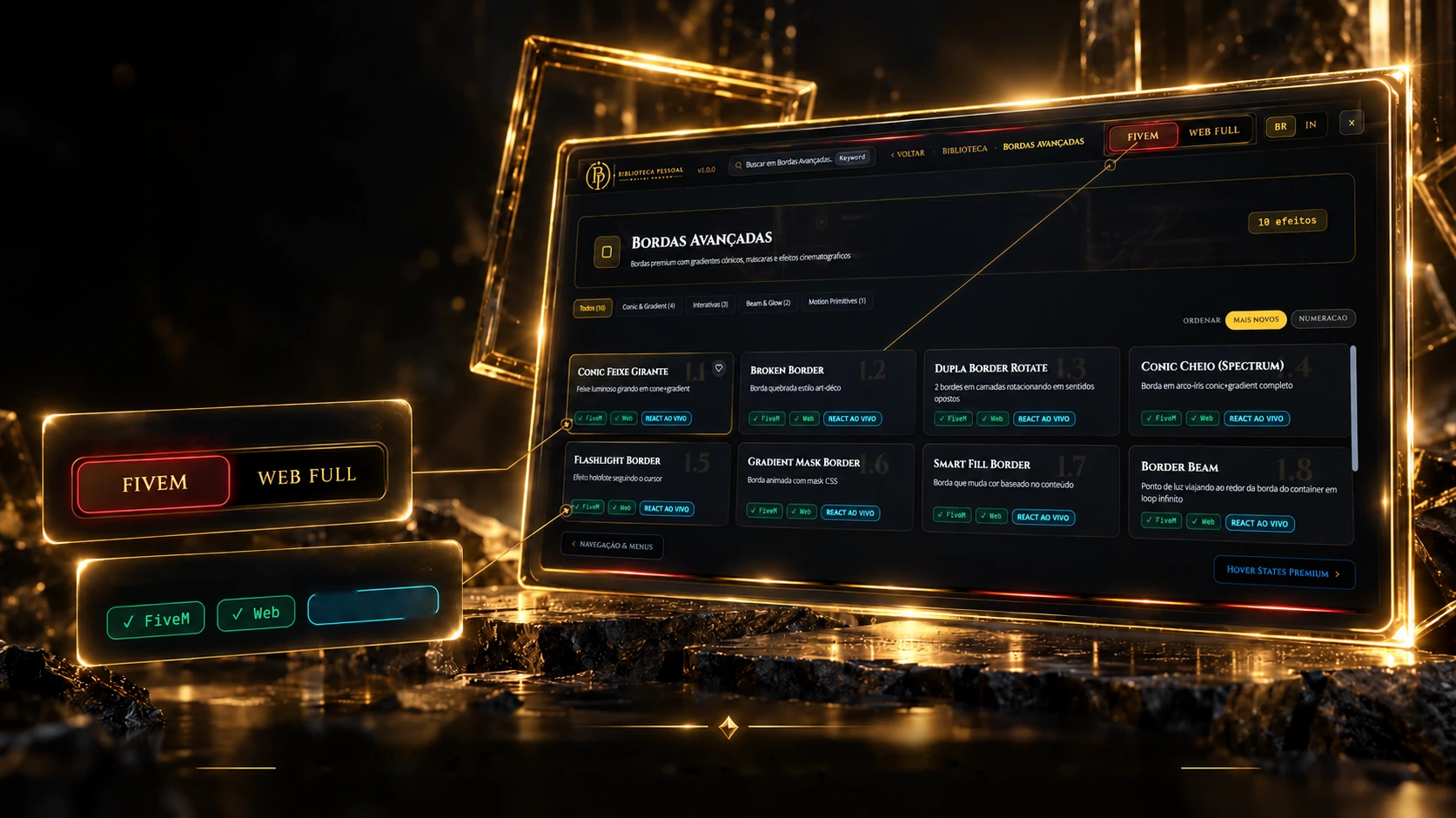 The library panel in a gold frame, with the Advanced Borders category open and the FiveM and Web Full switches highlighted
