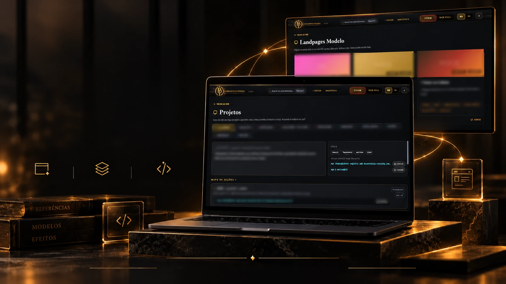 Laptop and a second monitor showing the Projects and Model Landing Pages screens, next to golden books