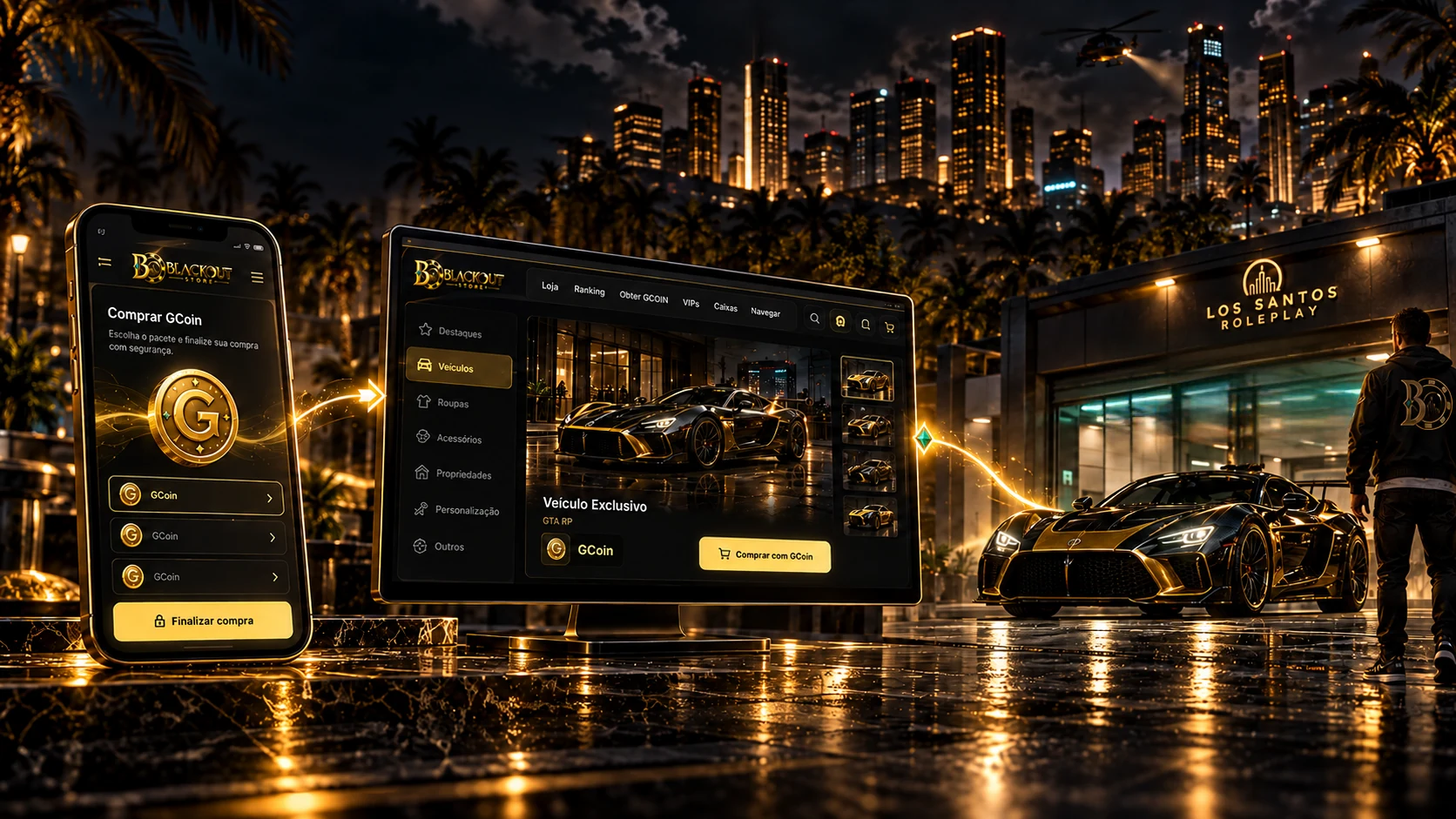 Celular comprando BCoin, monitor con la tienda de vehículos y el auto entregado al personaje frente a Los Santos Roleplay.