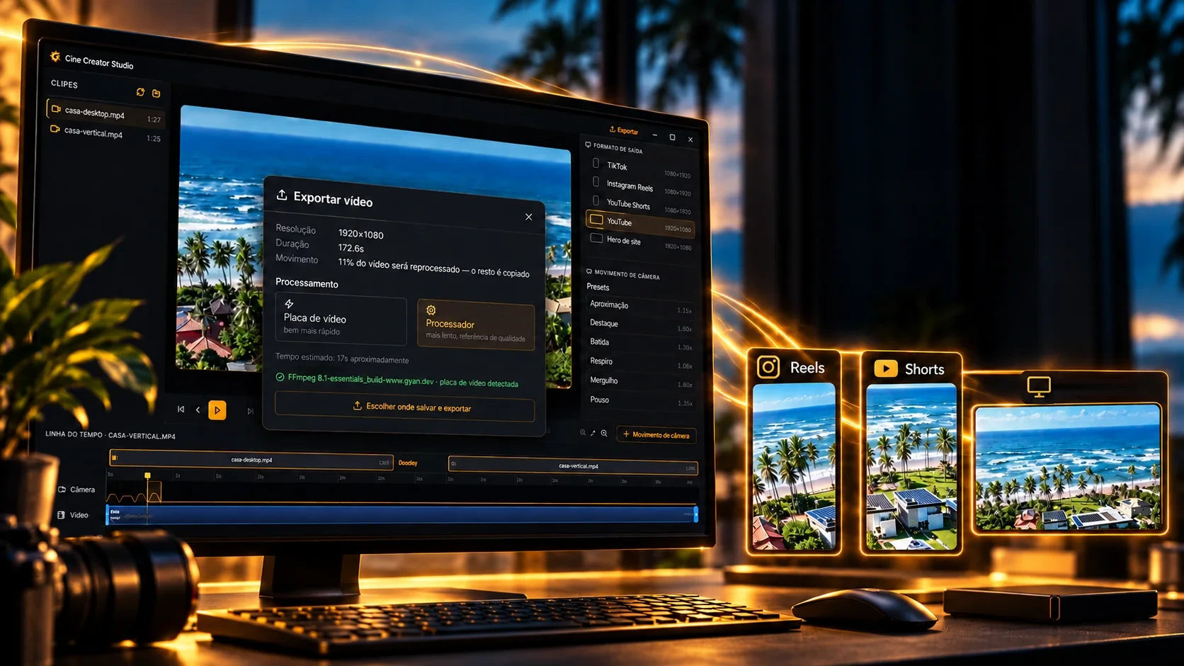 Cine Creator Studio on a monitor, with the export window open and the Reels, Shorts and website hero formats beside it