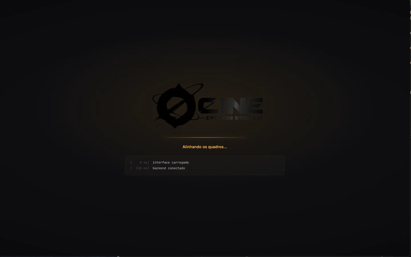 Cine Creator Studio's opening screen, with the loading log