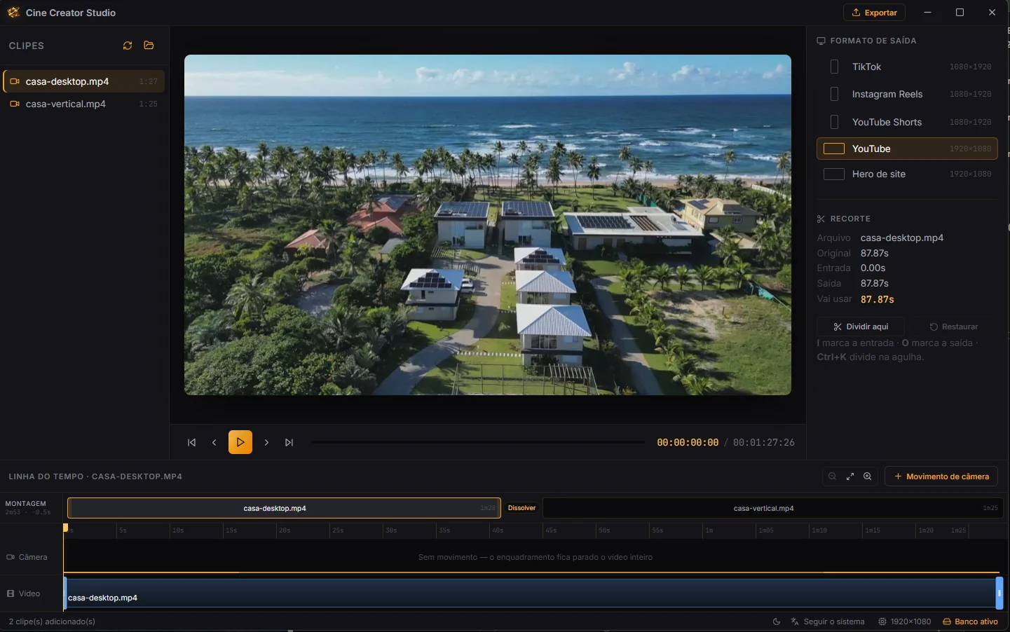 The edit: clips, preview, output format and the trim