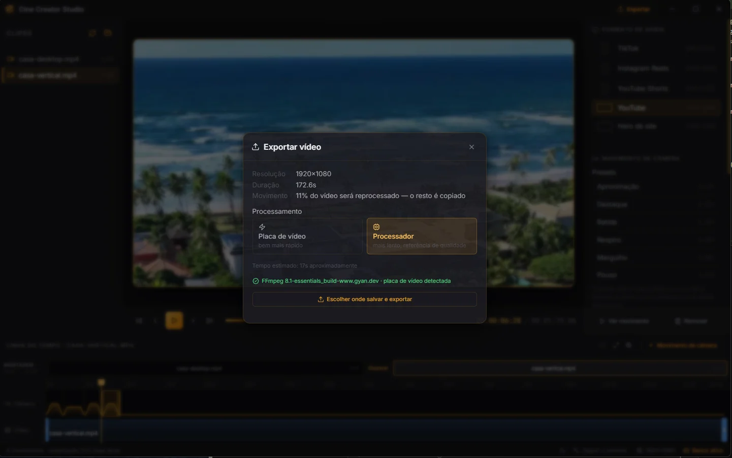 The export window, with what will be re-encoded and the choice between GPU and CPU