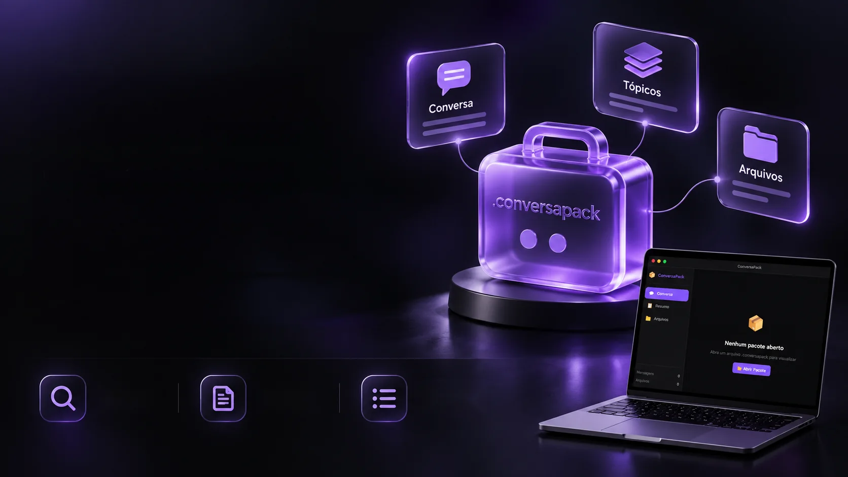 Una maleta de vidrio violeta con el nombre .conversapack, unida a tres tarjetas, Conversa, Tópicos y Arquivos, y una notebook con el lector abierto