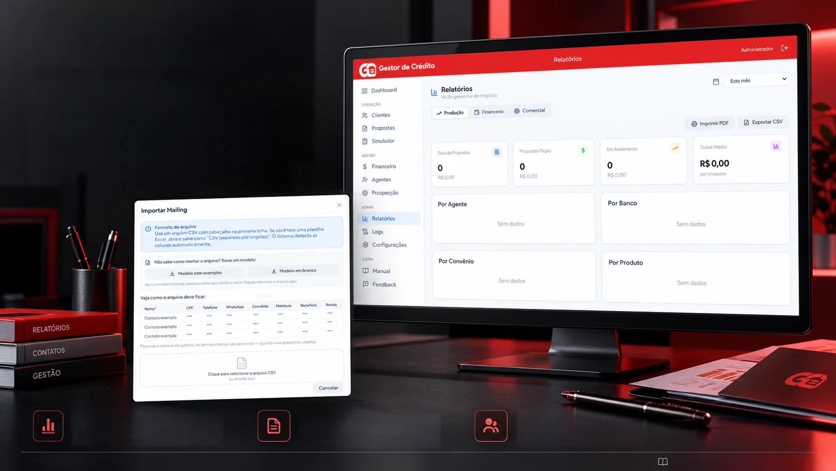 A monitor with the reports screen and, in front, the contact list import window