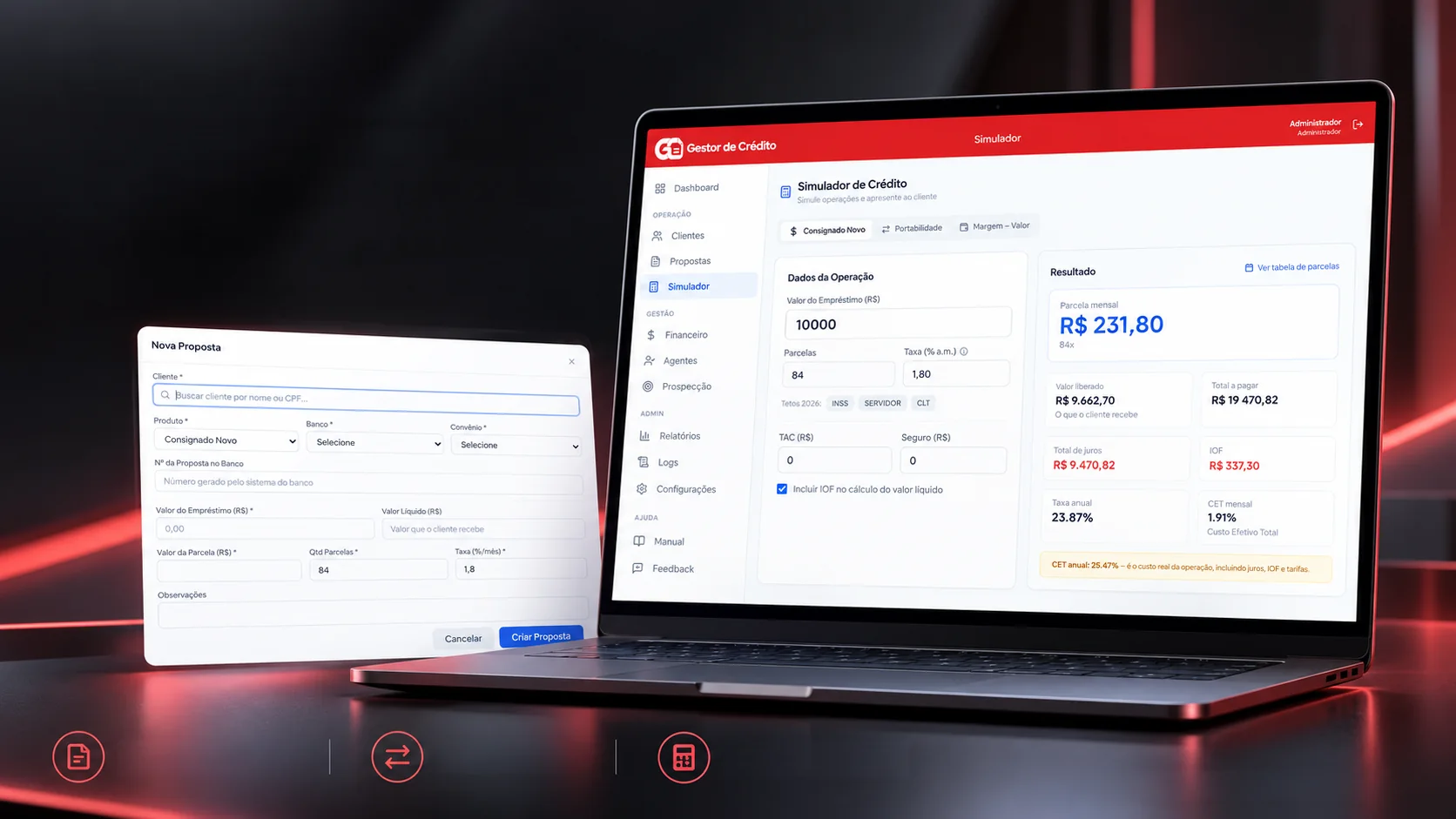 A laptop with the credit simulator open and, in front, the new proposal window