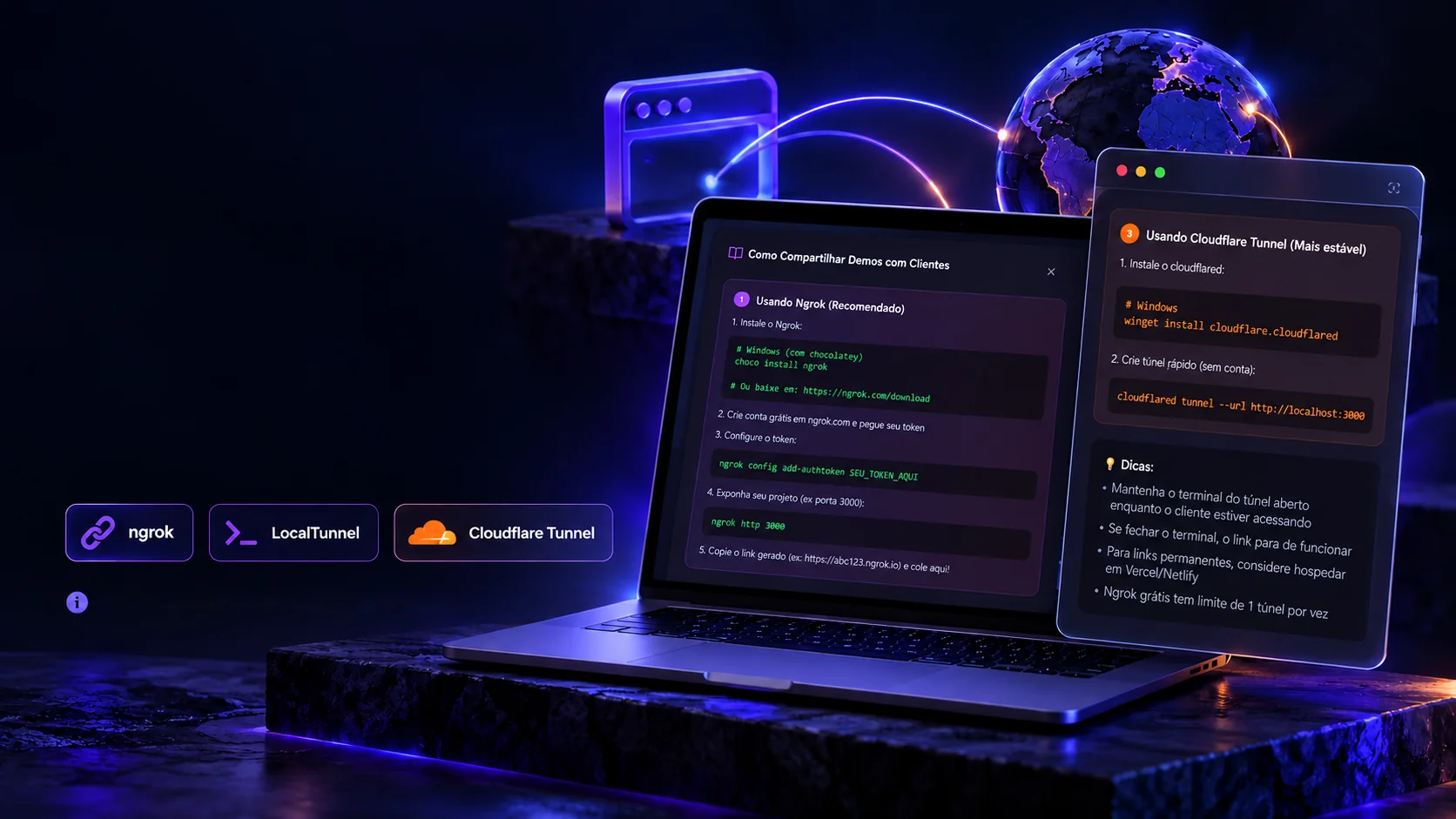 A laptop with the tunnel guide open, a monitor with the Cloudflare Tunnel step and a globe linked by a beam of light