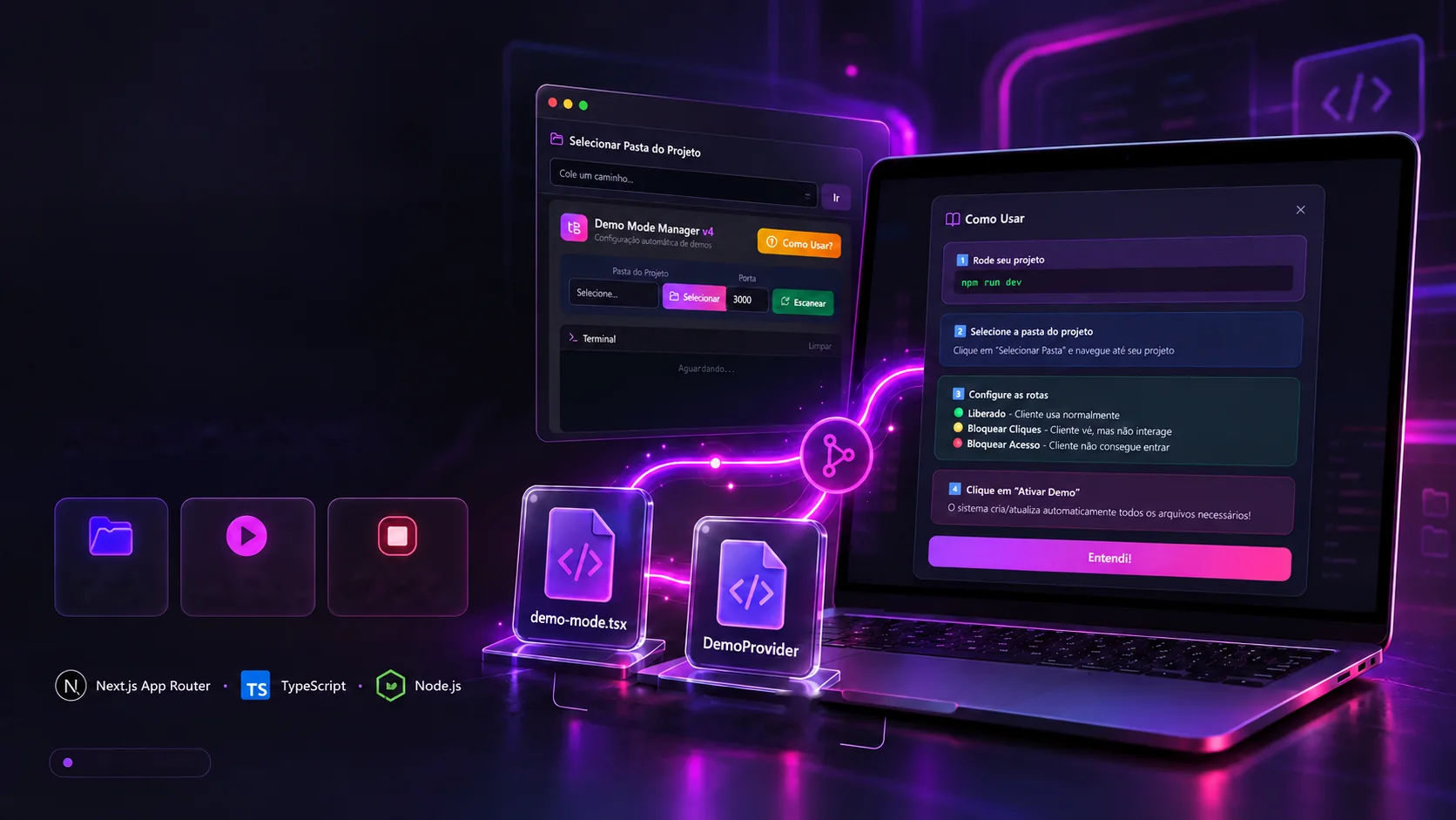 A laptop with the "How to use" guide, the project-folder picker and two glass pieces, demo-mode.tsx and DemoProvider, linked by a thread of light