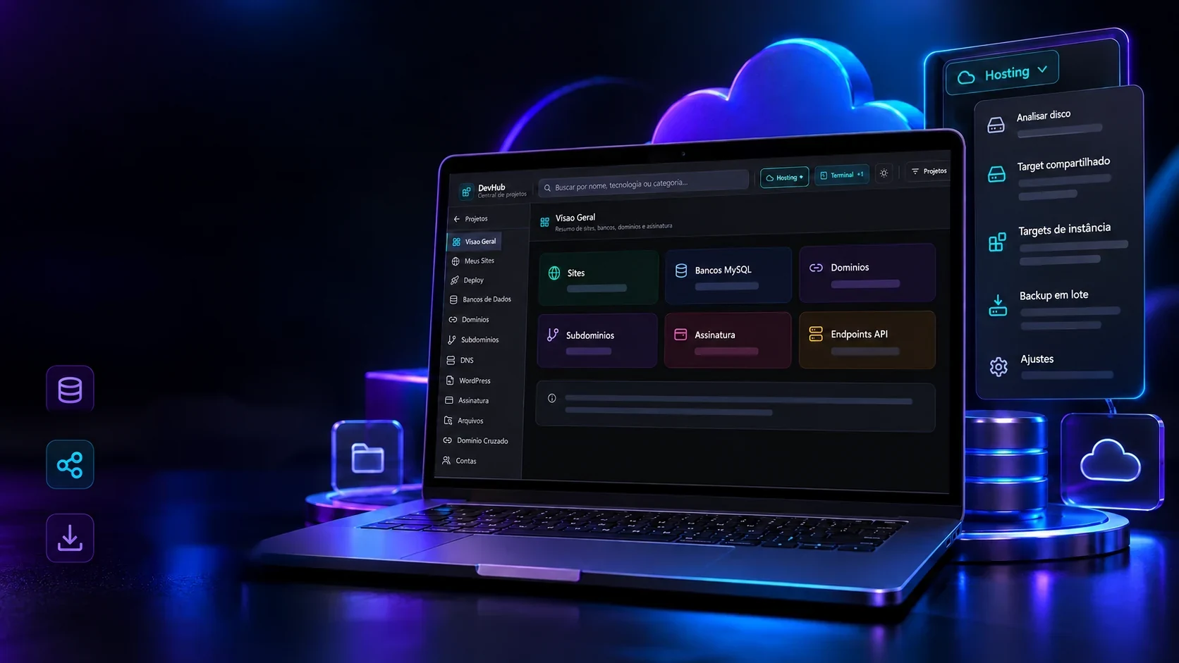 Project scene: the hosting tab open on the laptop, with a cloud and a database around it