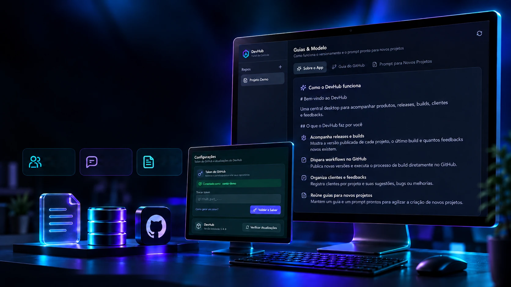 Cena do projeto: o monitor com os guias do programa, um tablet com as configurações e os ícones de documento, banco e GitHub