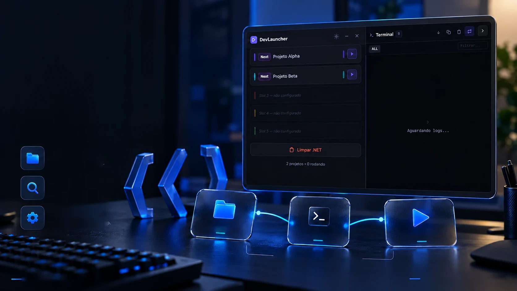 Project scene: the panel and, below, the path from folder to command to running