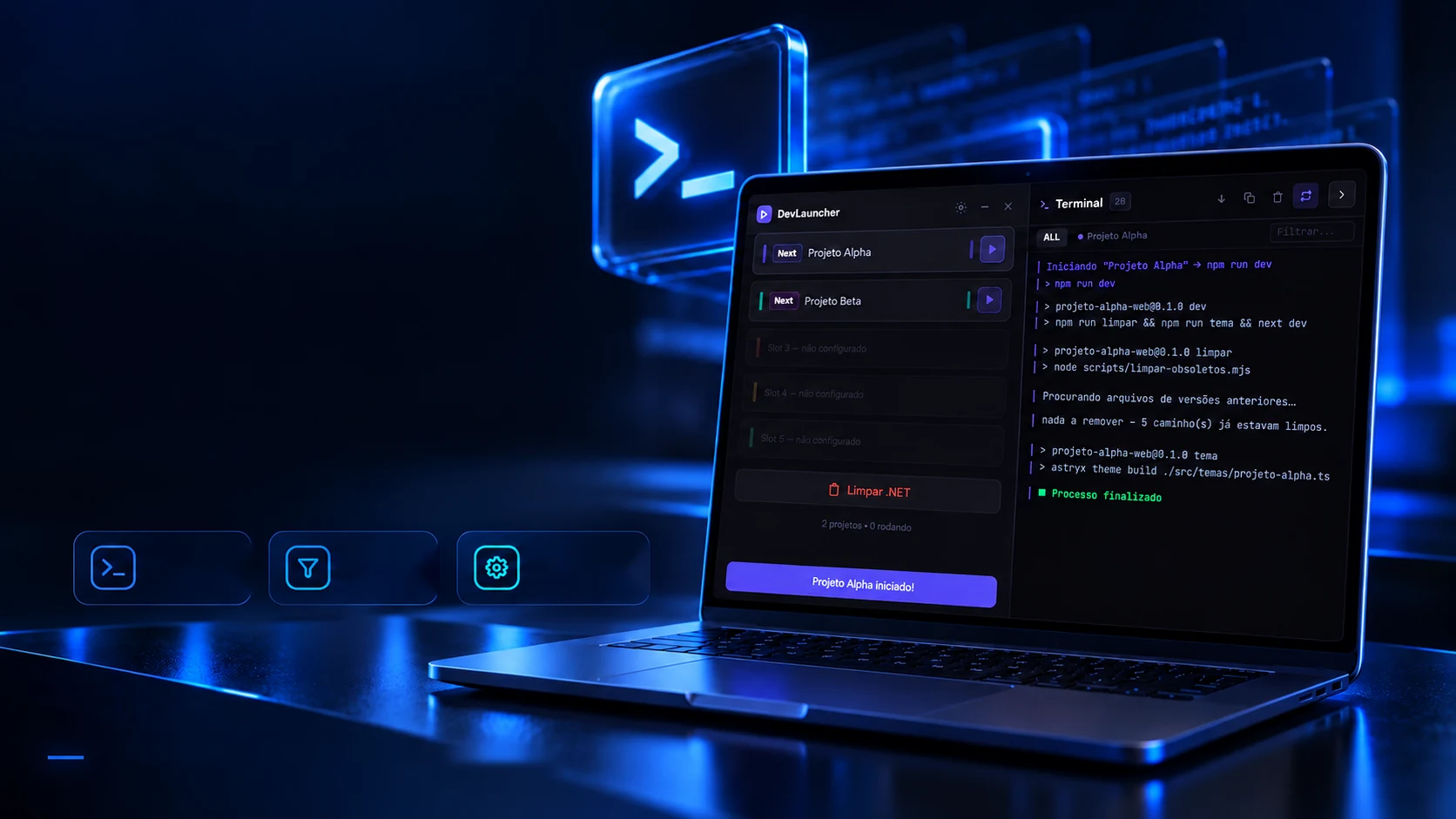 Project scene: the panel open over a laptop, with the terminal beside it