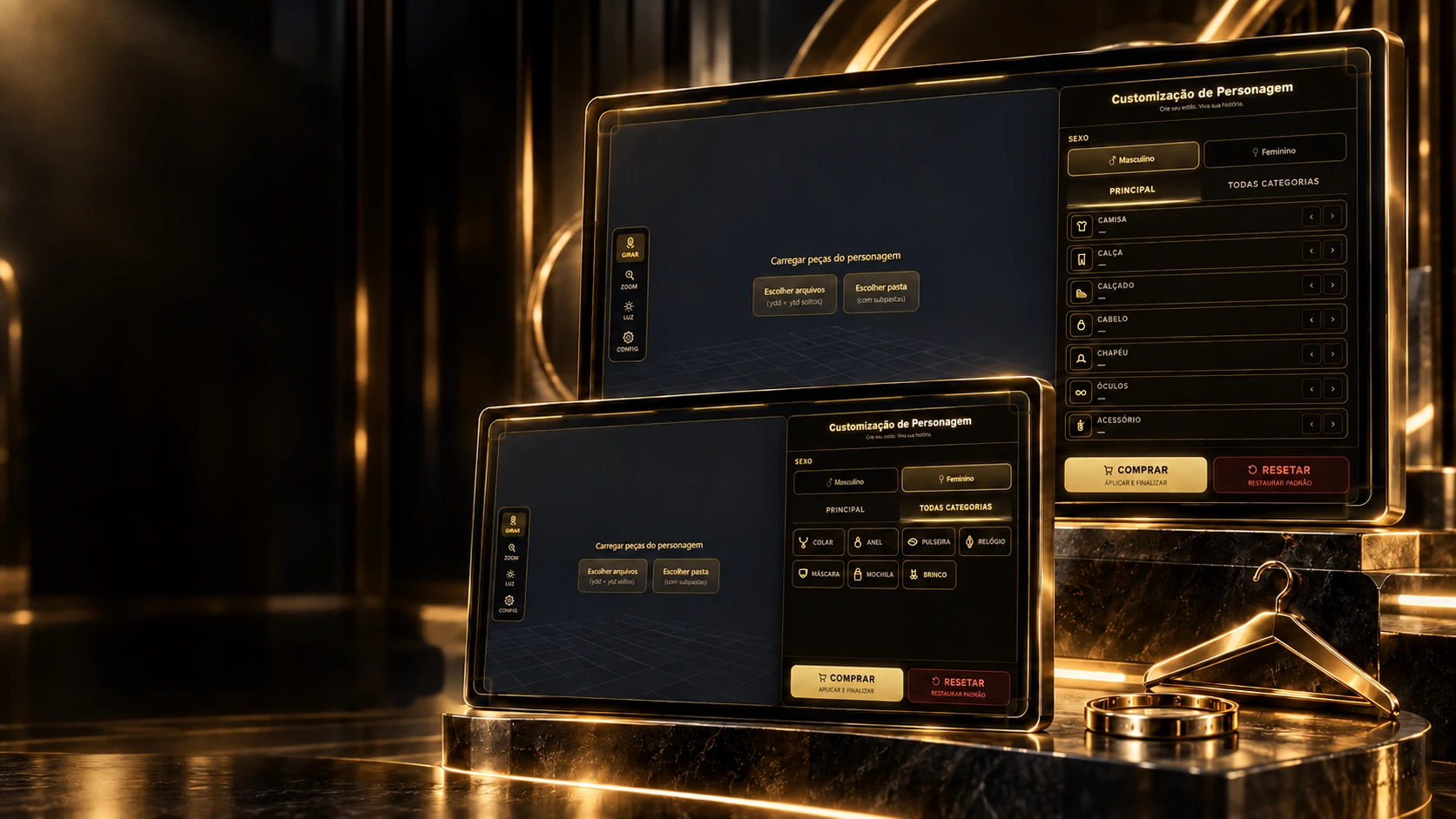 Project scene: two windows of the character panel, main categories and accessories, with a golden hanger and ring