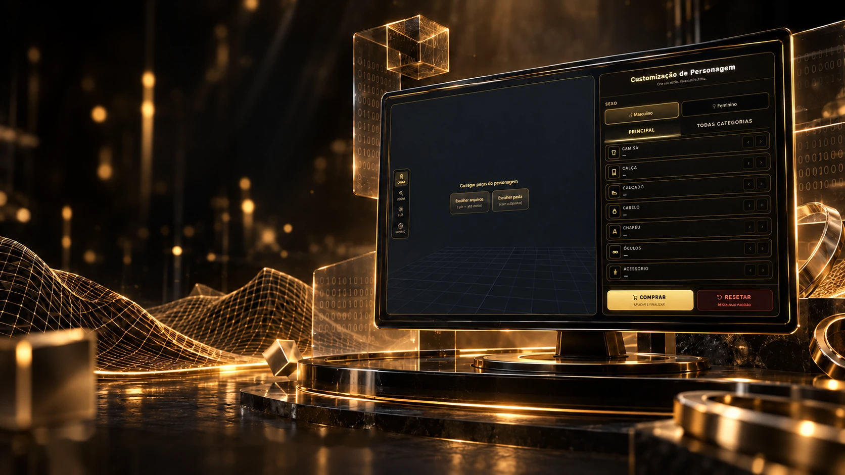Project scene: the character panel on a golden monitor, with a 3D mesh and crystals around it