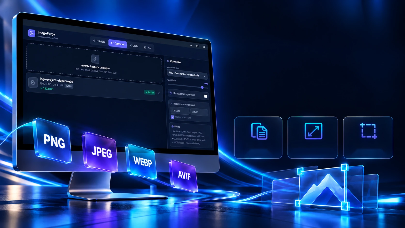 Project scene: the program open on a monitor, with glass cards for PNG, JPEG, WebP and AVIF and a crop frame