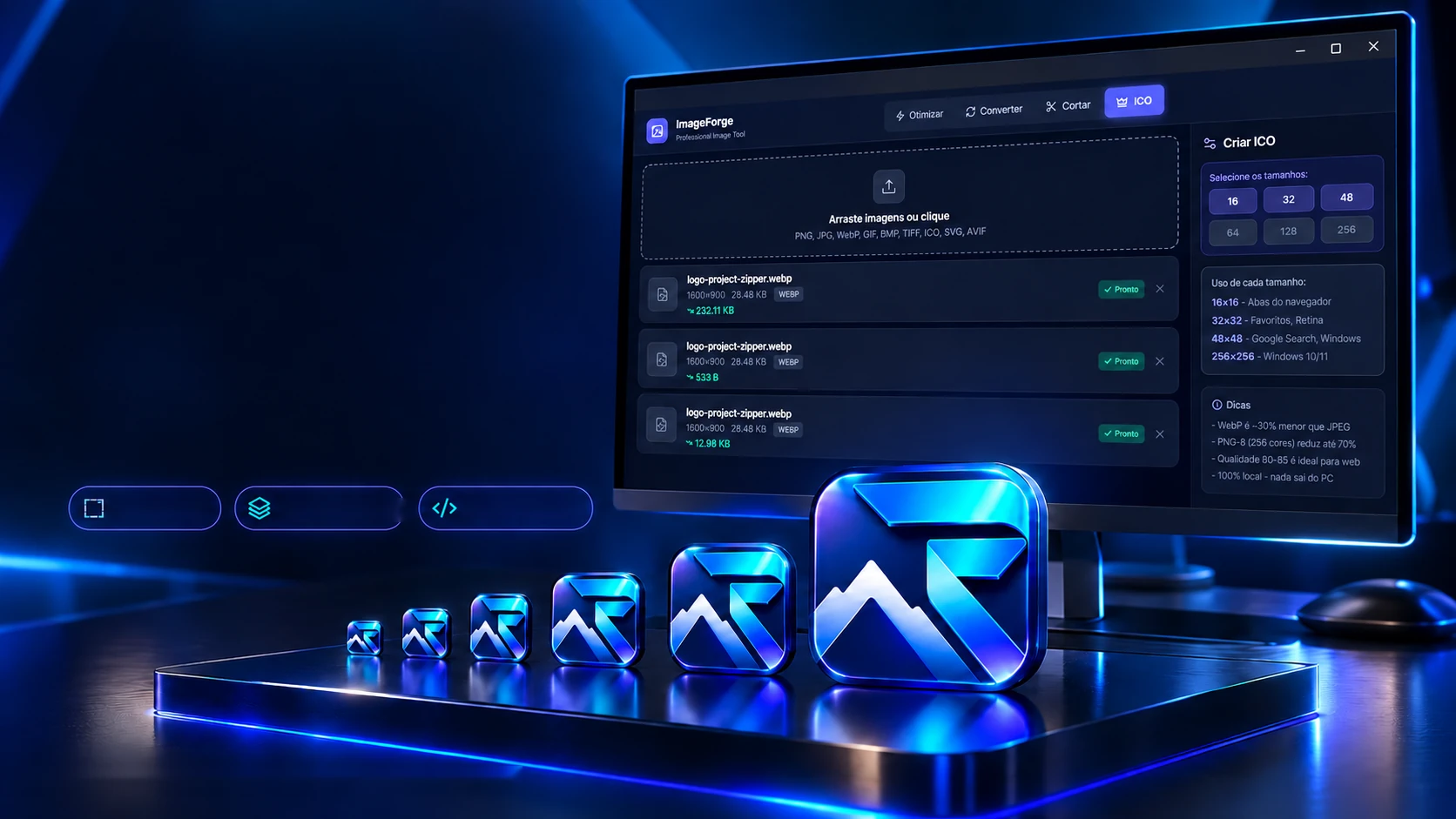 Project scene: the program's icon tab on a monitor and, in front, the same icon in six sizes, from smallest to largest