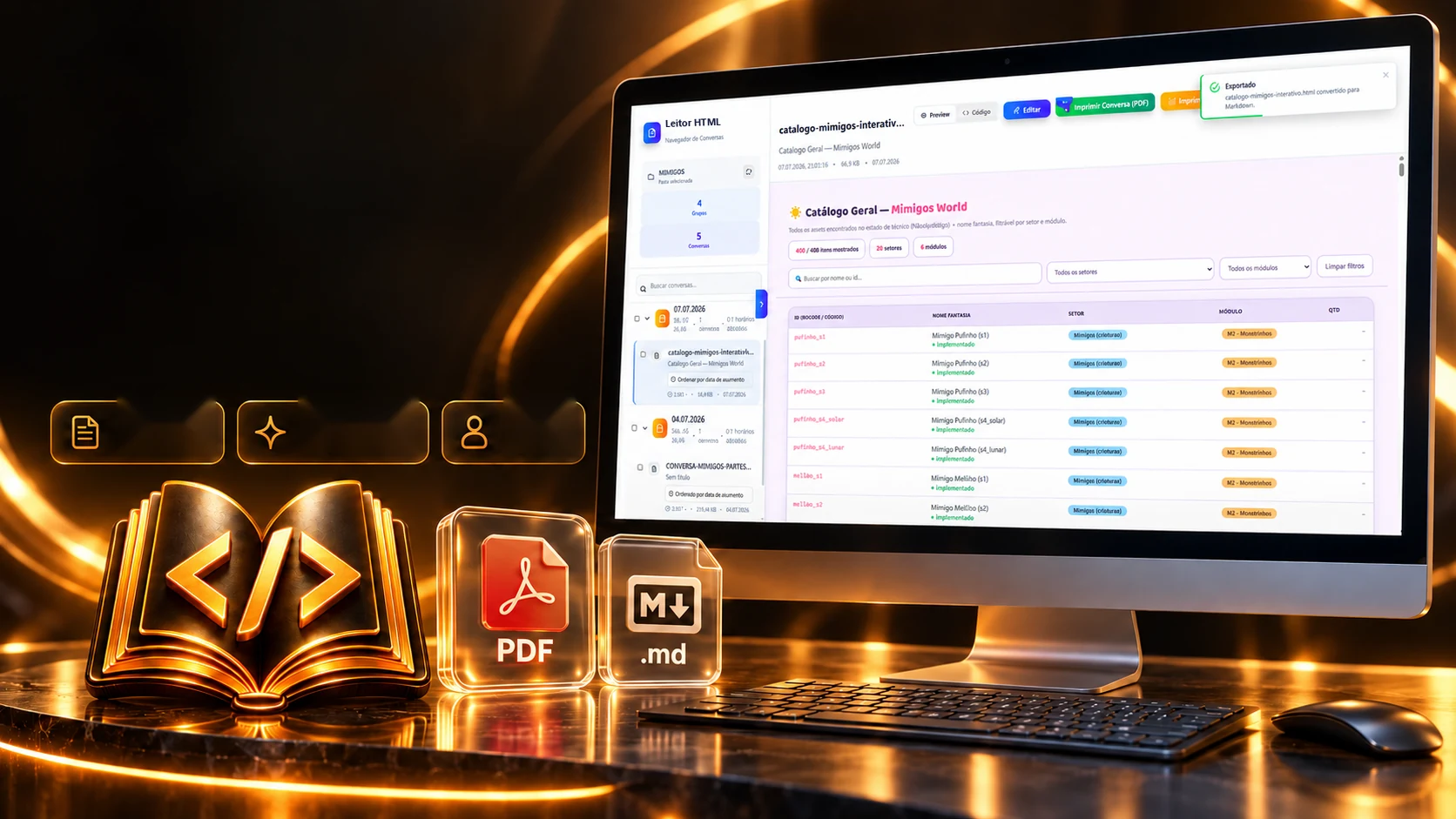 Project scene: the reader on a monitor, with a code book and the PDF and Markdown icons