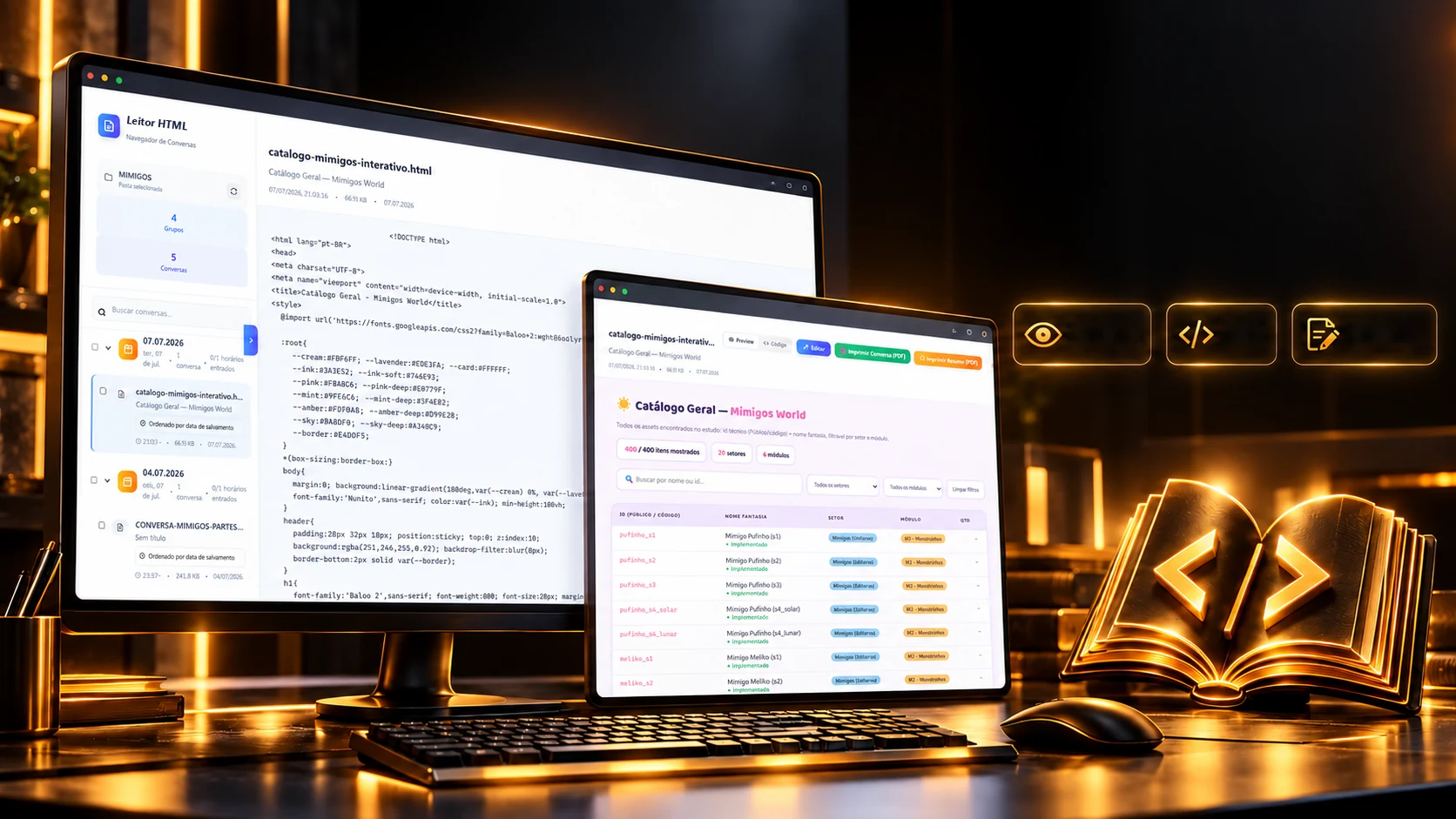 Project scene: the reader open on a monitor and a laptop, with a golden code book