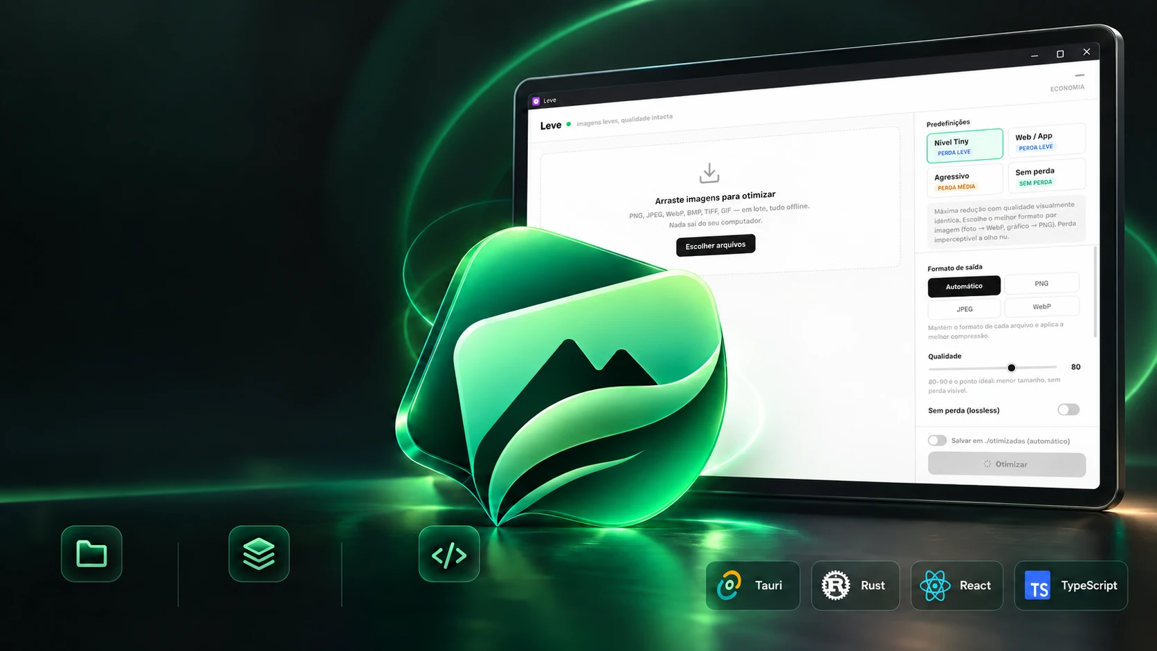 Escena del proyecto: el programa en un monitor y el símbolo de Leve en vidrio verde, con íconos de carpeta, capas y código