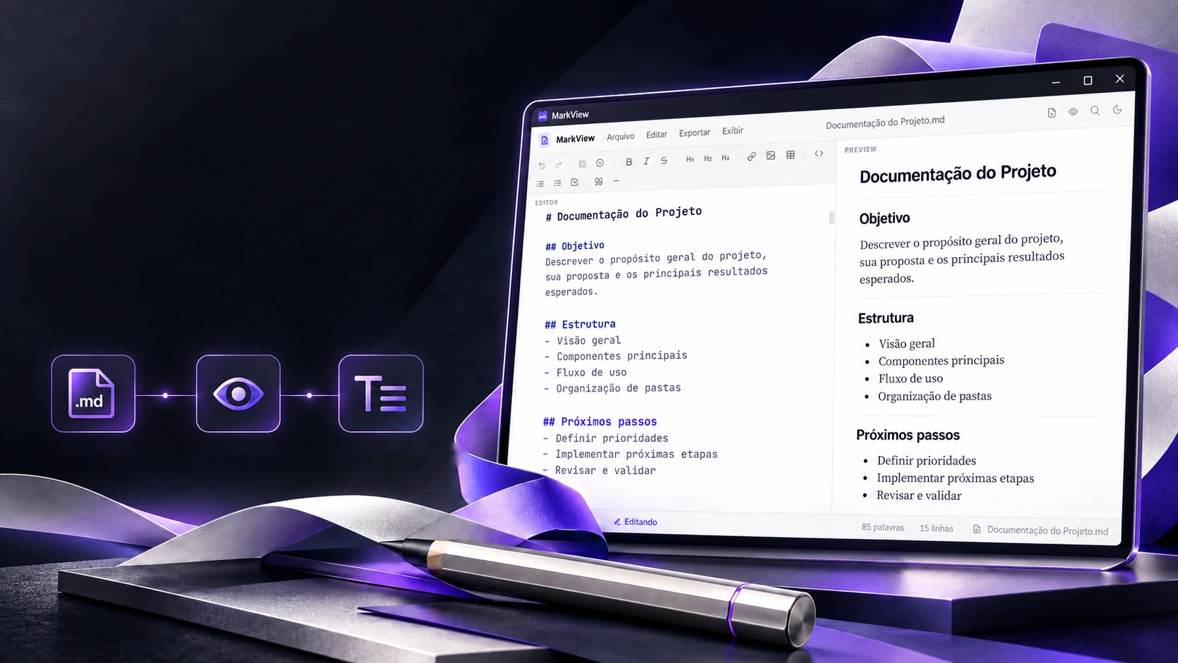 Project scene: the Markdown editor with the preview beside it, on a monitor, with a pen in the foreground