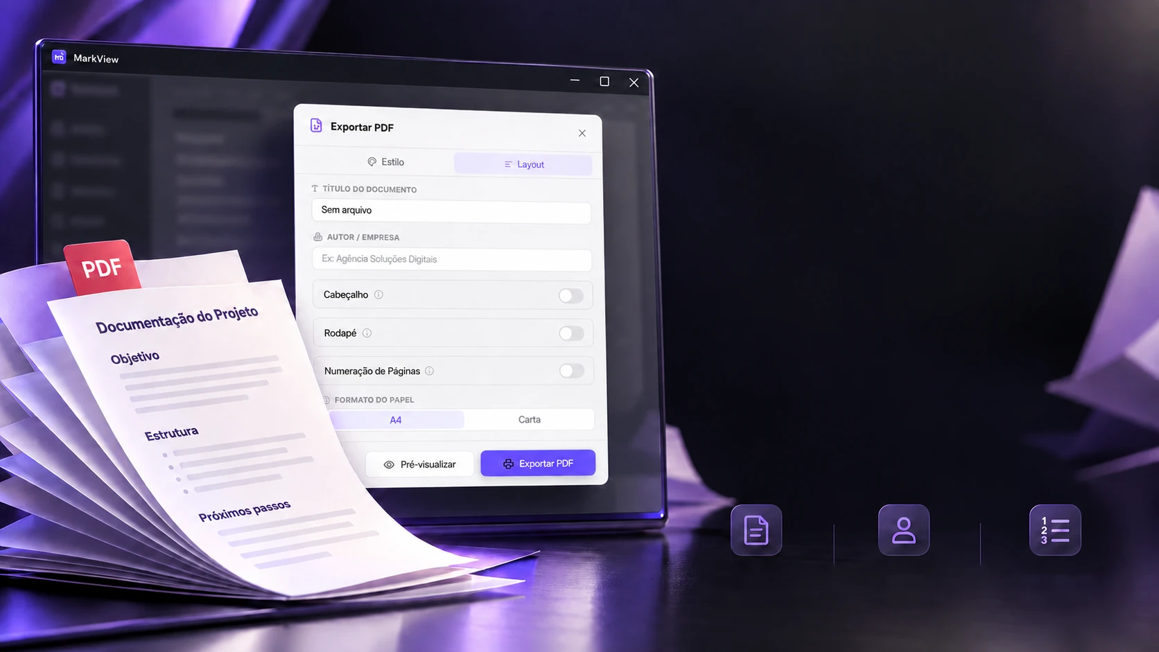Project scene: the PDF export window on a monitor and printed sheets with the document