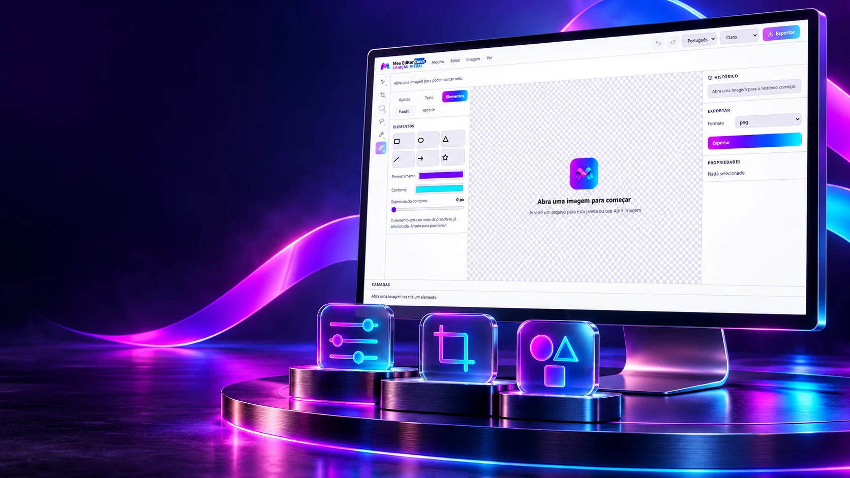 Escena del proyecto: el editor en un monitor, con los íconos de ajuste, recorte y formas en vidrio al frente