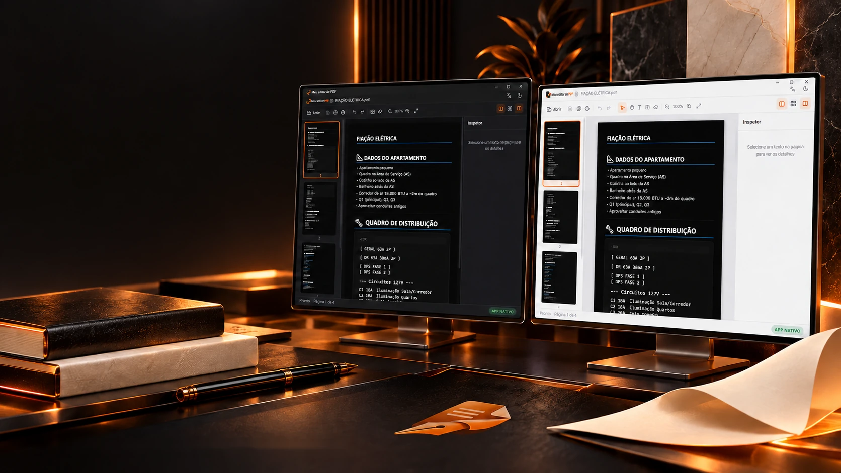 Project scene: the editor on two monitors, one in the dark theme and one in the light, with papers and a fountain pen