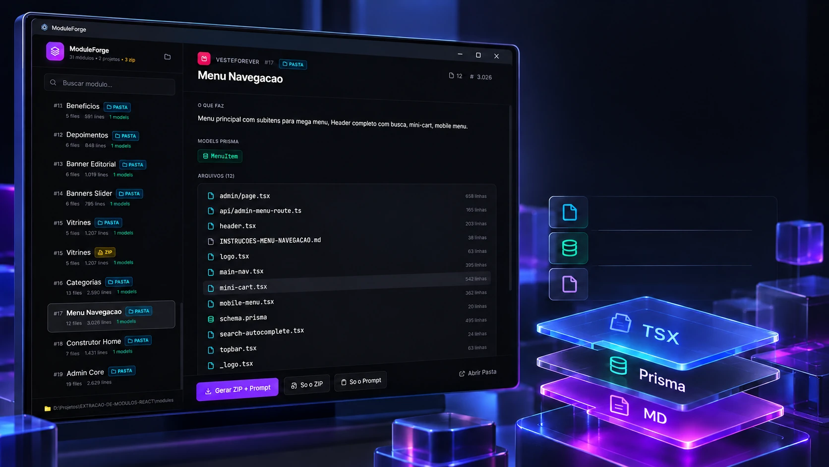 Project scene: the program window with a module open and glass layers with TSX, Prisma and MD