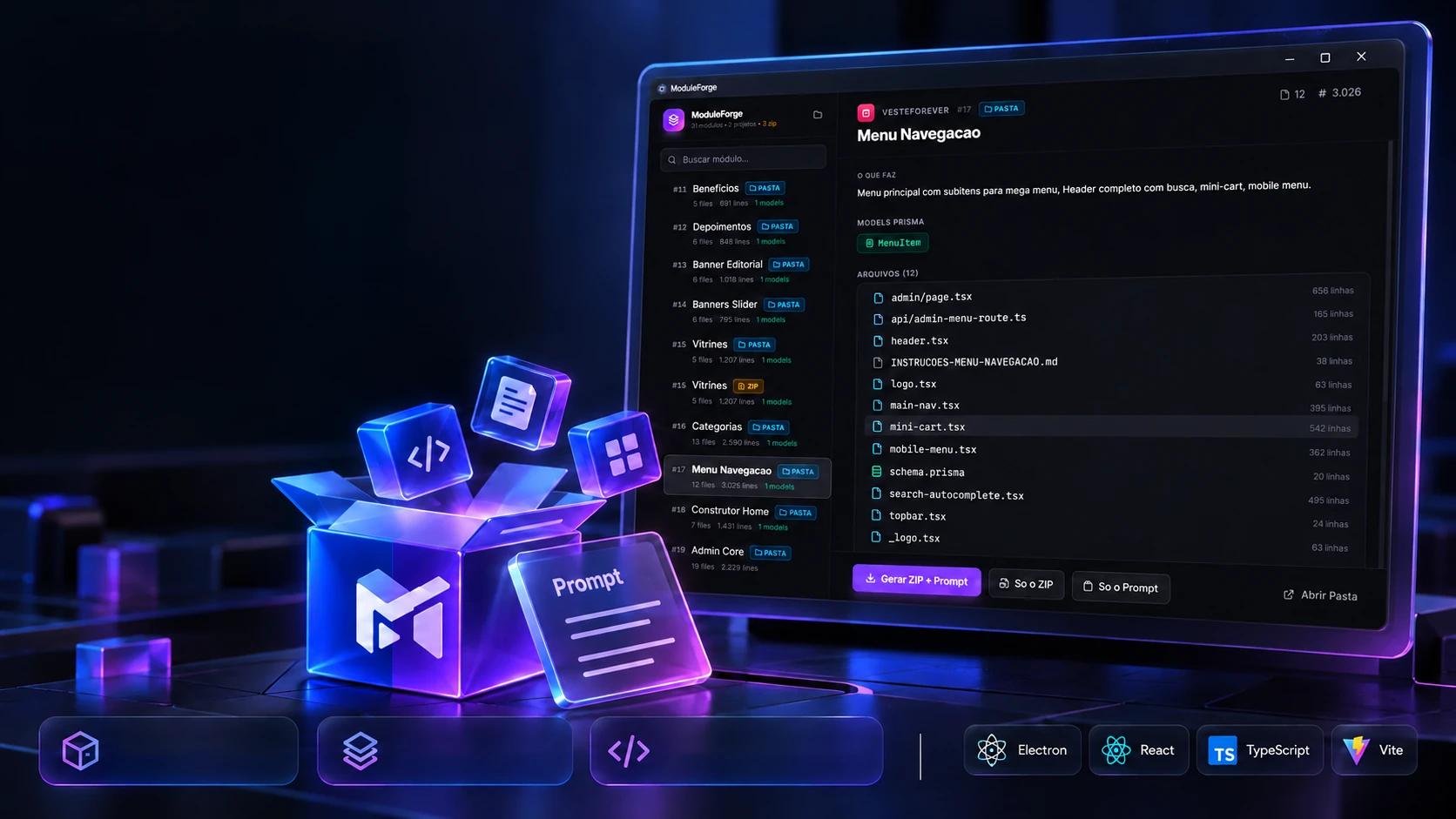 Project scene: a box with the brand receiving files and an instructions card, next to the program window
