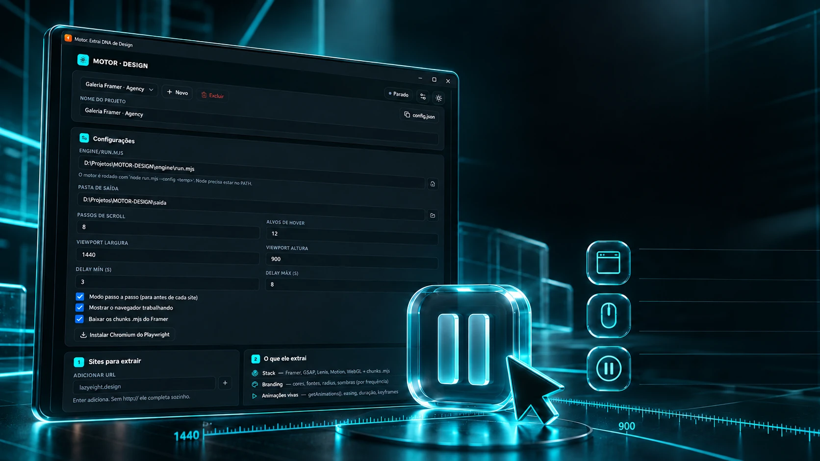 Escena del proyecto: el panel de configuración en un monitor, con una regla de 1440 por 900 y un botón de pausa de vidrio