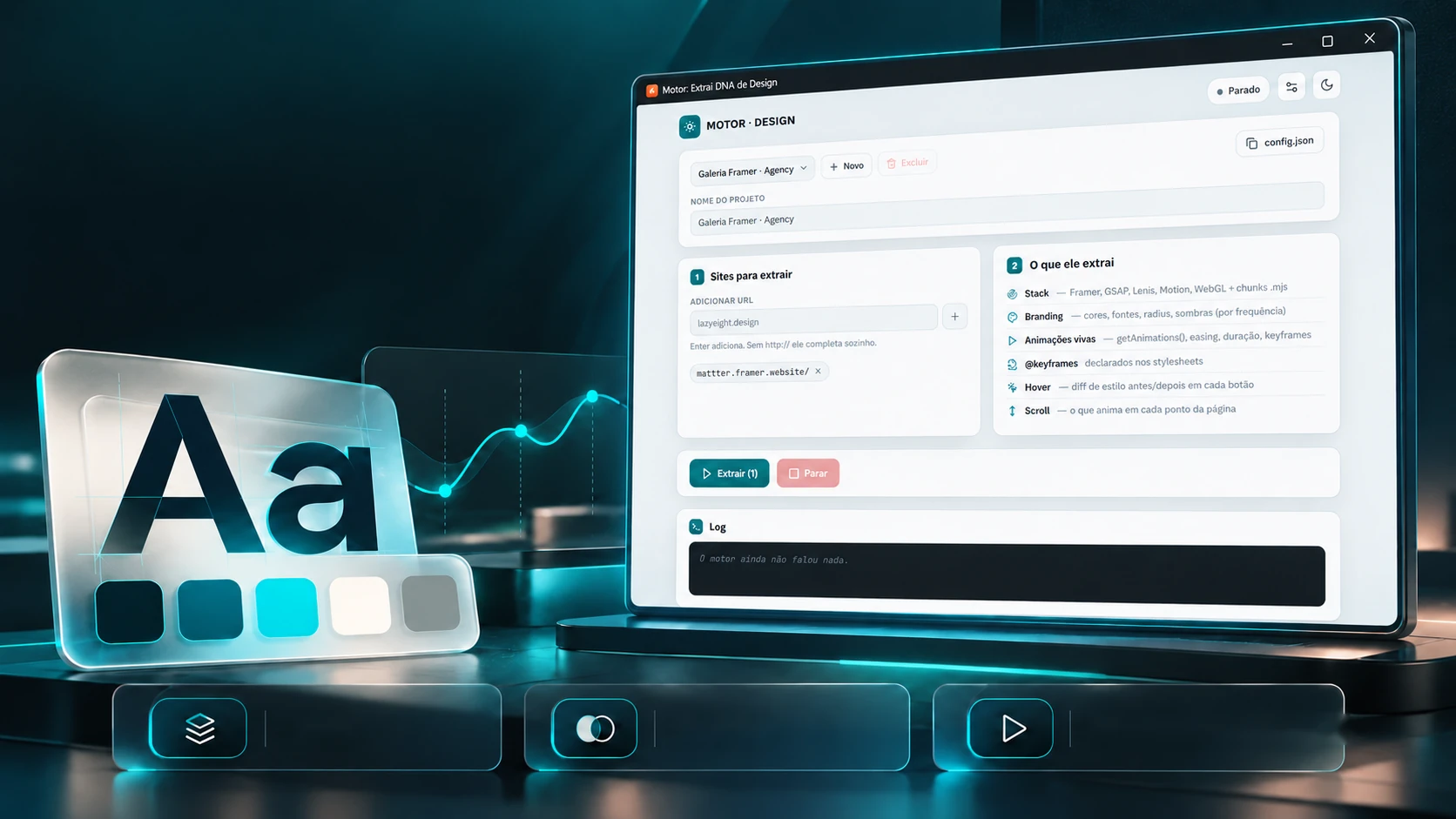 Escena del proyecto: las letras Aa en vidrio, una paleta de cinco colores y el programa abierto en un monitor