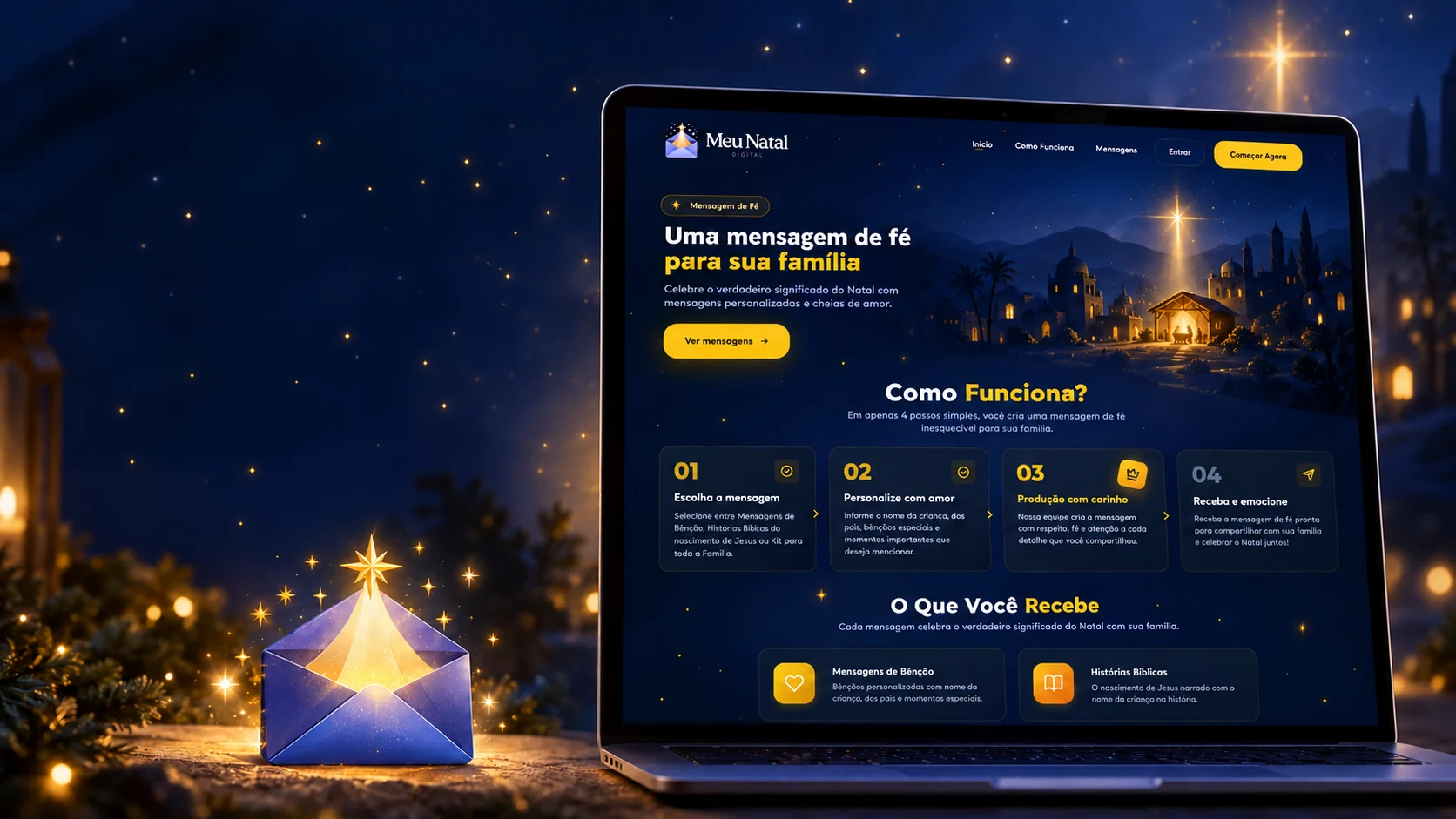 An envelope of light under a starry sky, with the faith version of the store on a laptop beside it