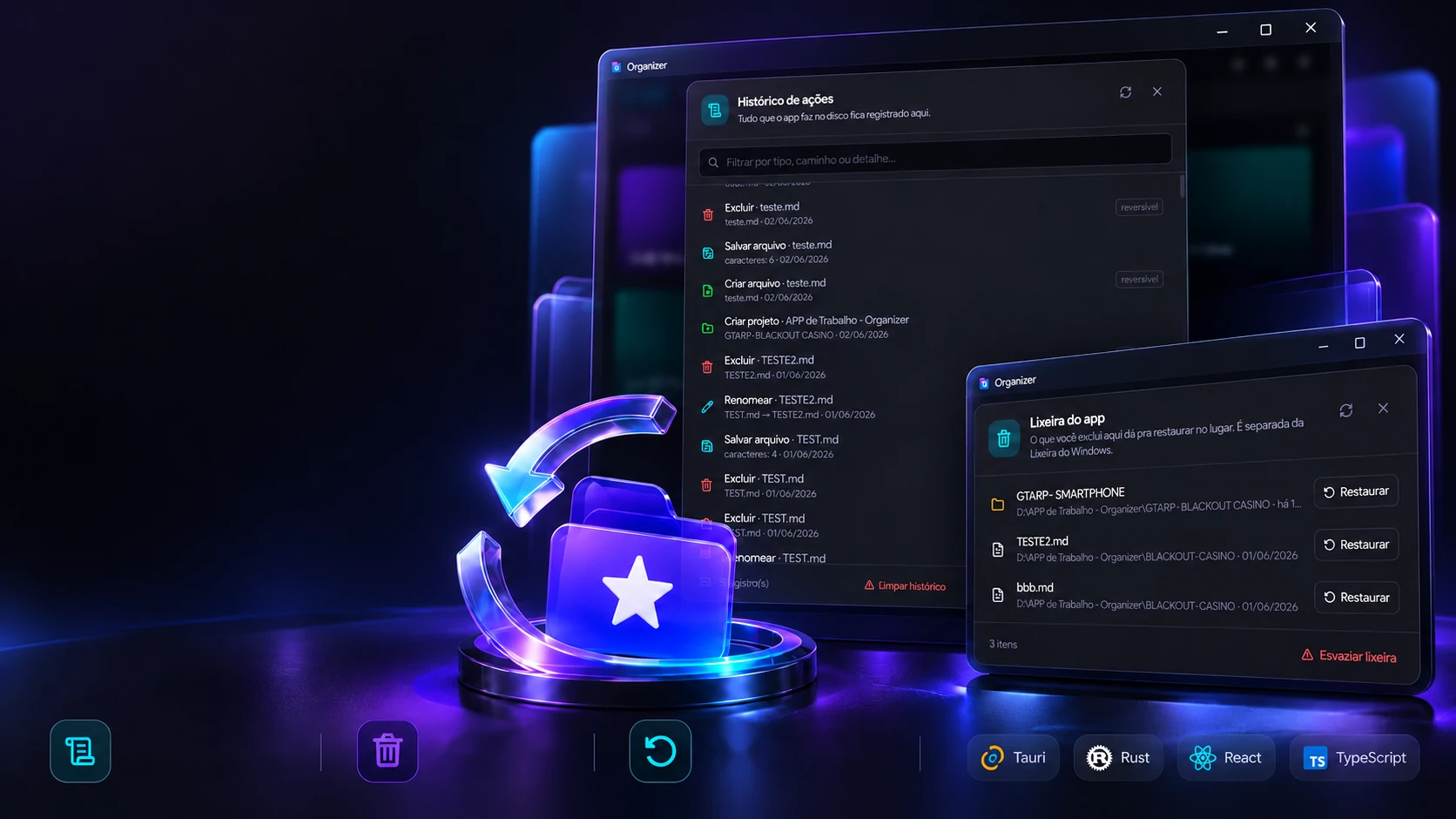 Project scene: the action history and the app trash open, next to a star folder with a back arrow
