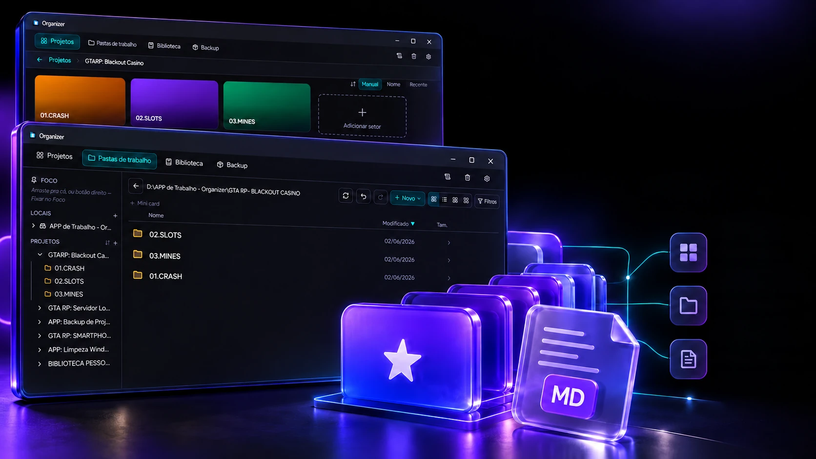 Project scene: two program windows with the sectors and the work folder, and glass folders with an MD note