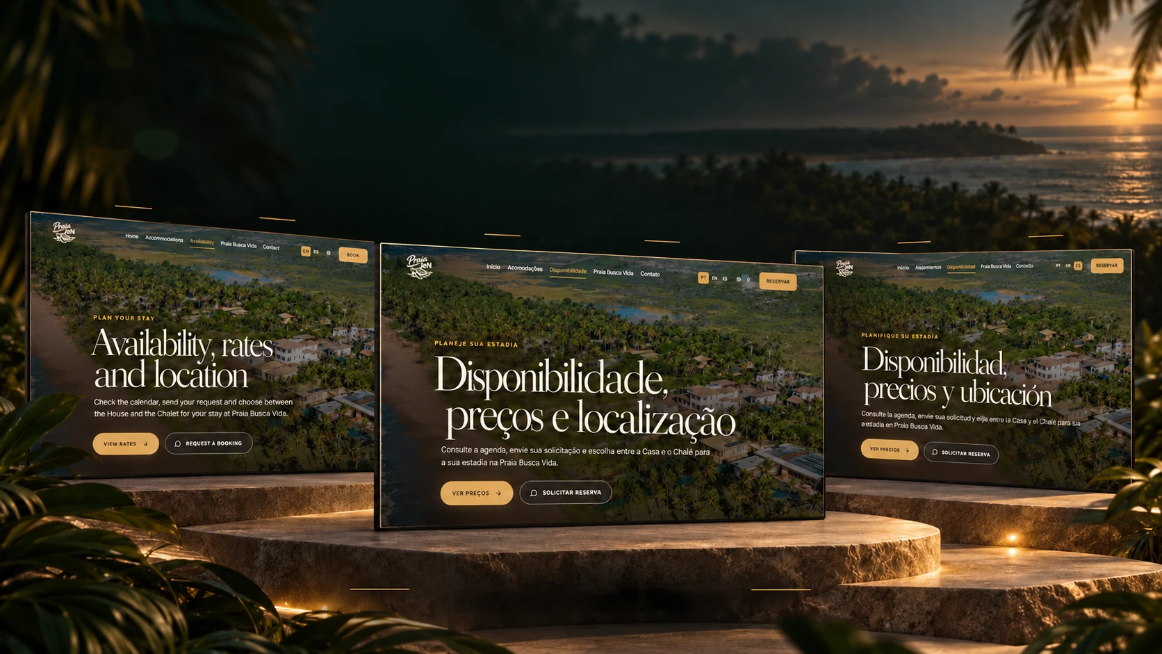 Tres pantallas del sitio, en inglés, portugués y español, sobre piedras iluminadas en la selva al atardecer