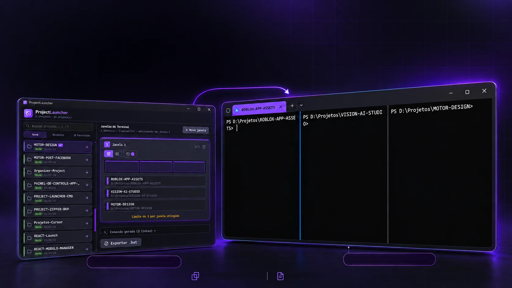 La app con tres proyectos en una ventana, al lado de Windows Terminal abierto con los tres paneles