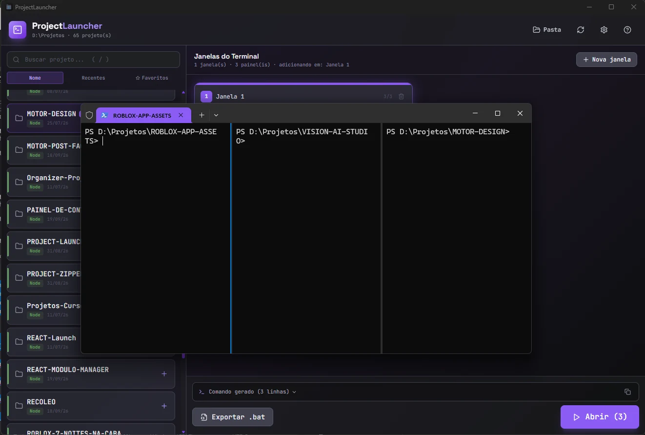 La app con la ventana de tres proyectos y Windows Terminal abierto con los tres paneles nombrados