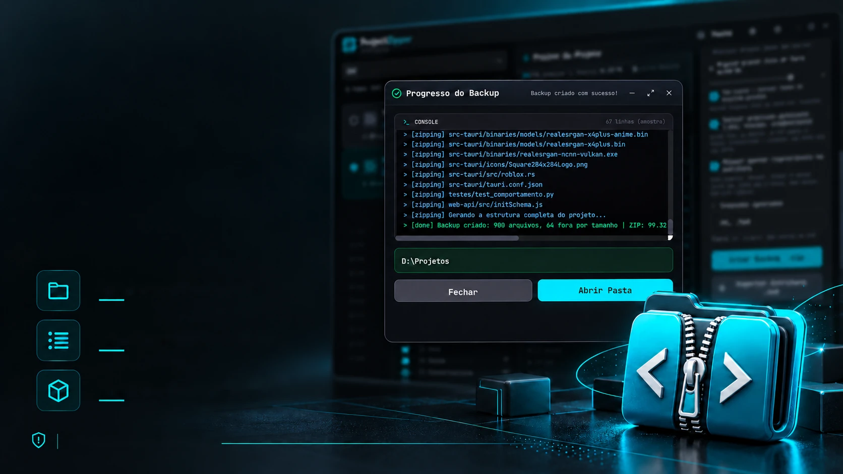 ProjectZipper with the backup progress window open and the console listing the files