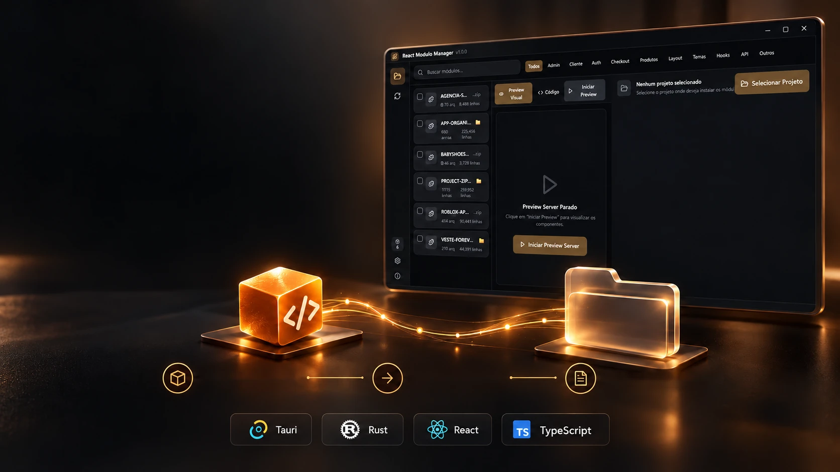 Project scene: a glass cube with code linked by a thread of light to a folder, in front of the program window