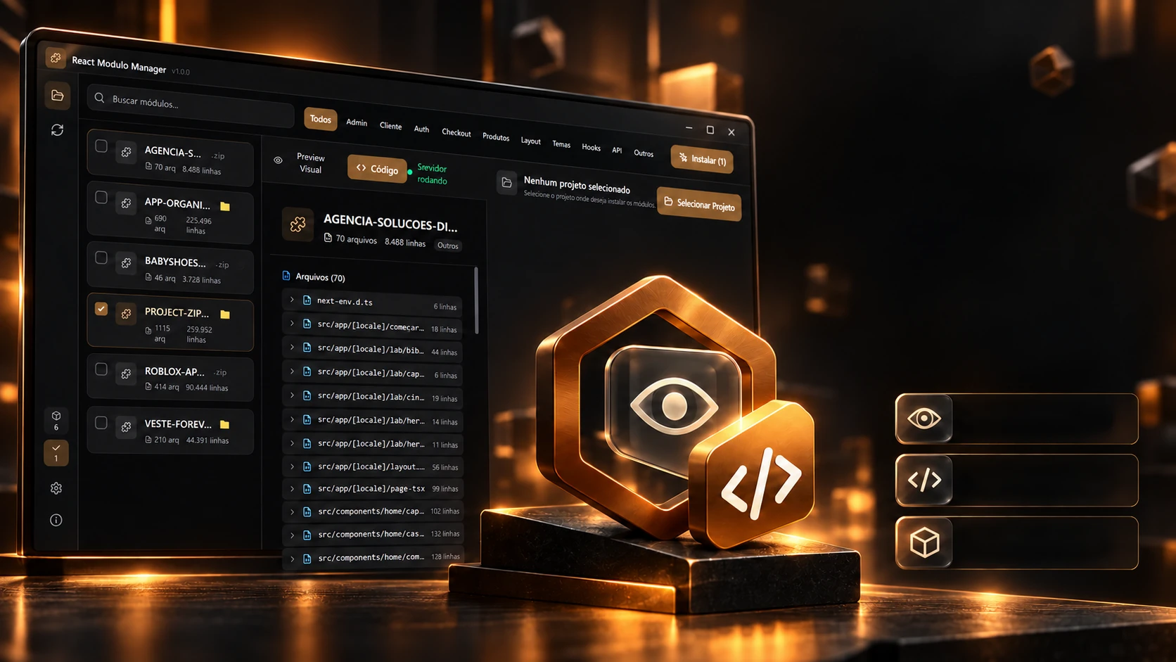Project scene: the program window with the module list and files, next to a glass hexagon with an eye