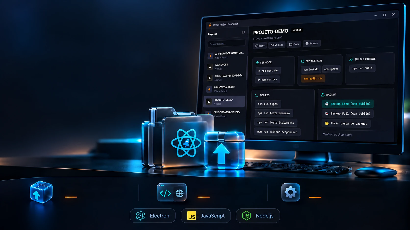 Project scene: the program window with the project panel, a glass folder with an up arrow and a backup cube