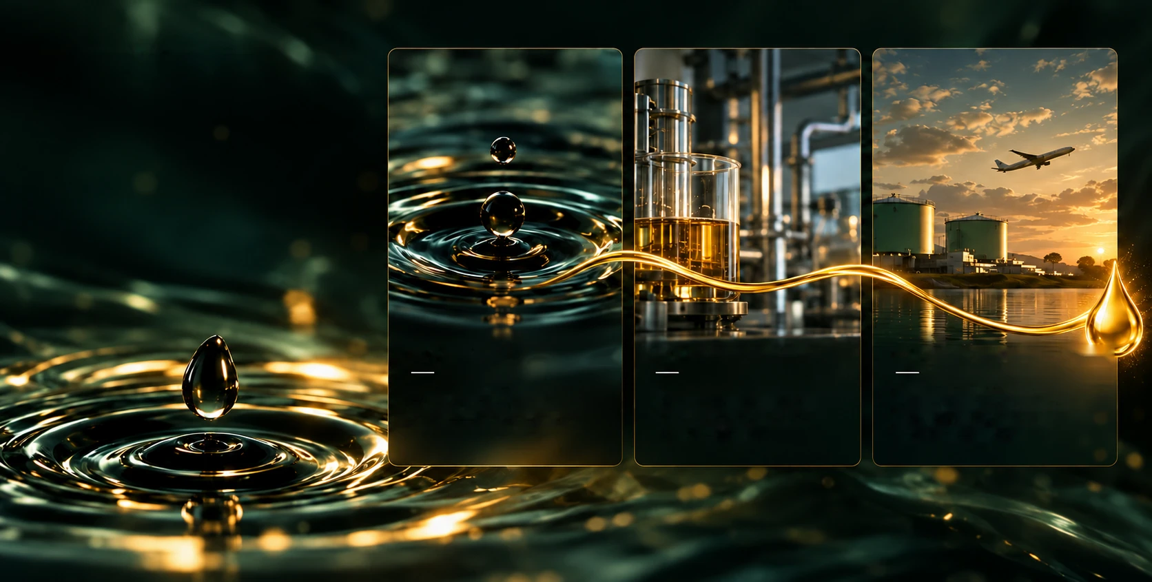An oil drop falls on dark water; beside it, three cards: collection, transformation and energy