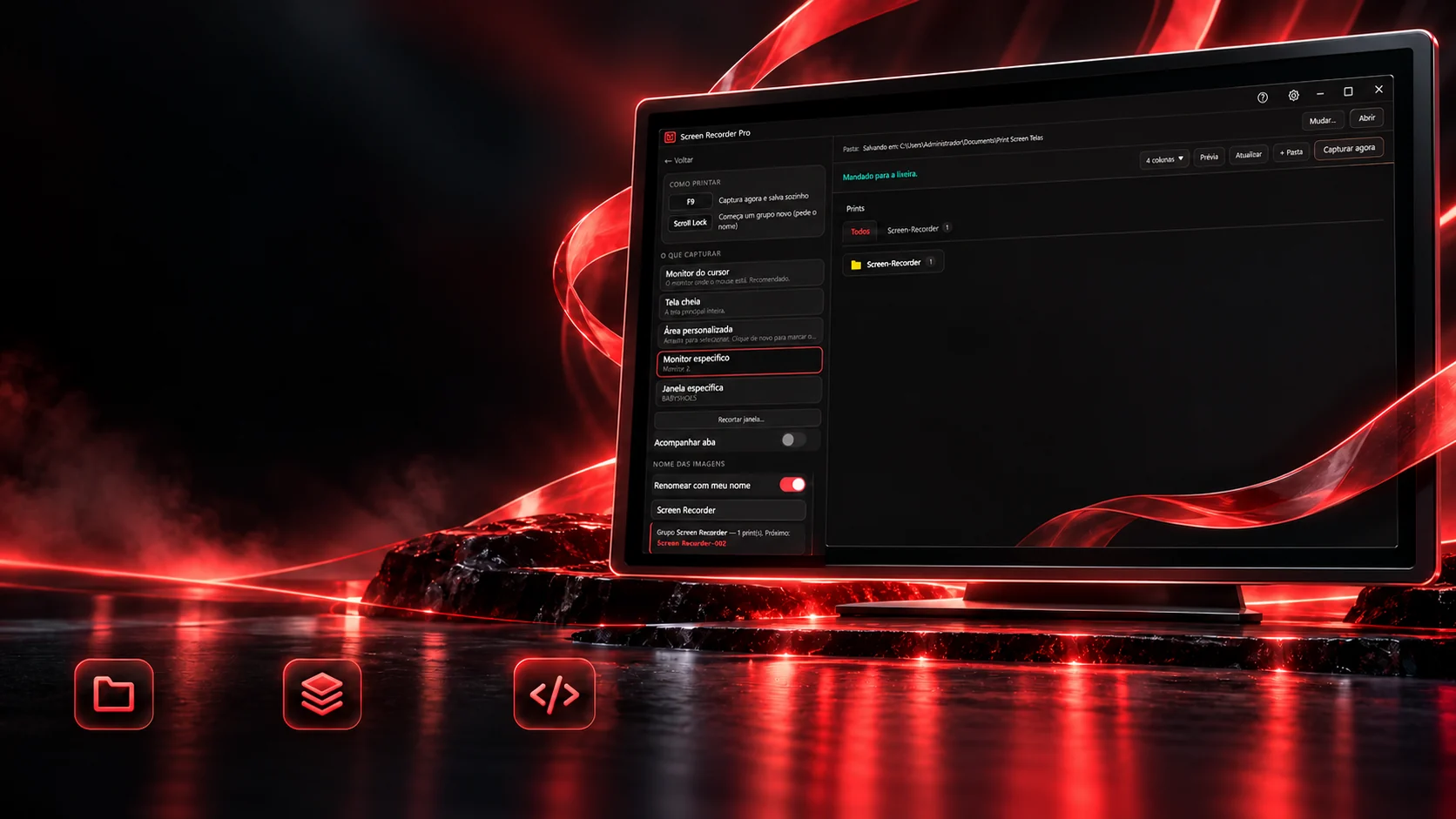 Project scene: the program's screenshot screen on a monitor, with red light ribbons