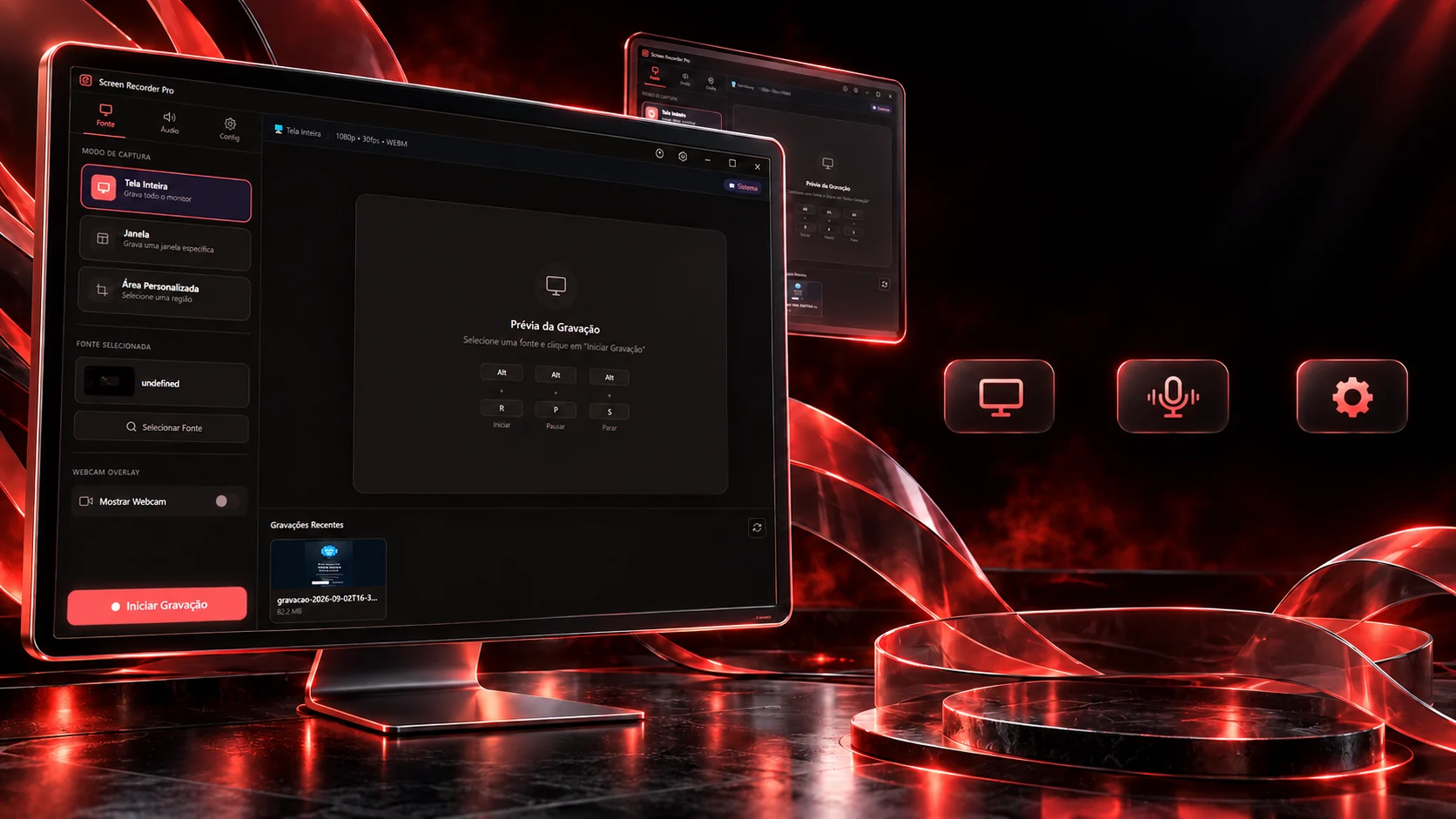 Project scene: the program open on a monitor, with the record button in red glass and the screen, microphone and settings icons