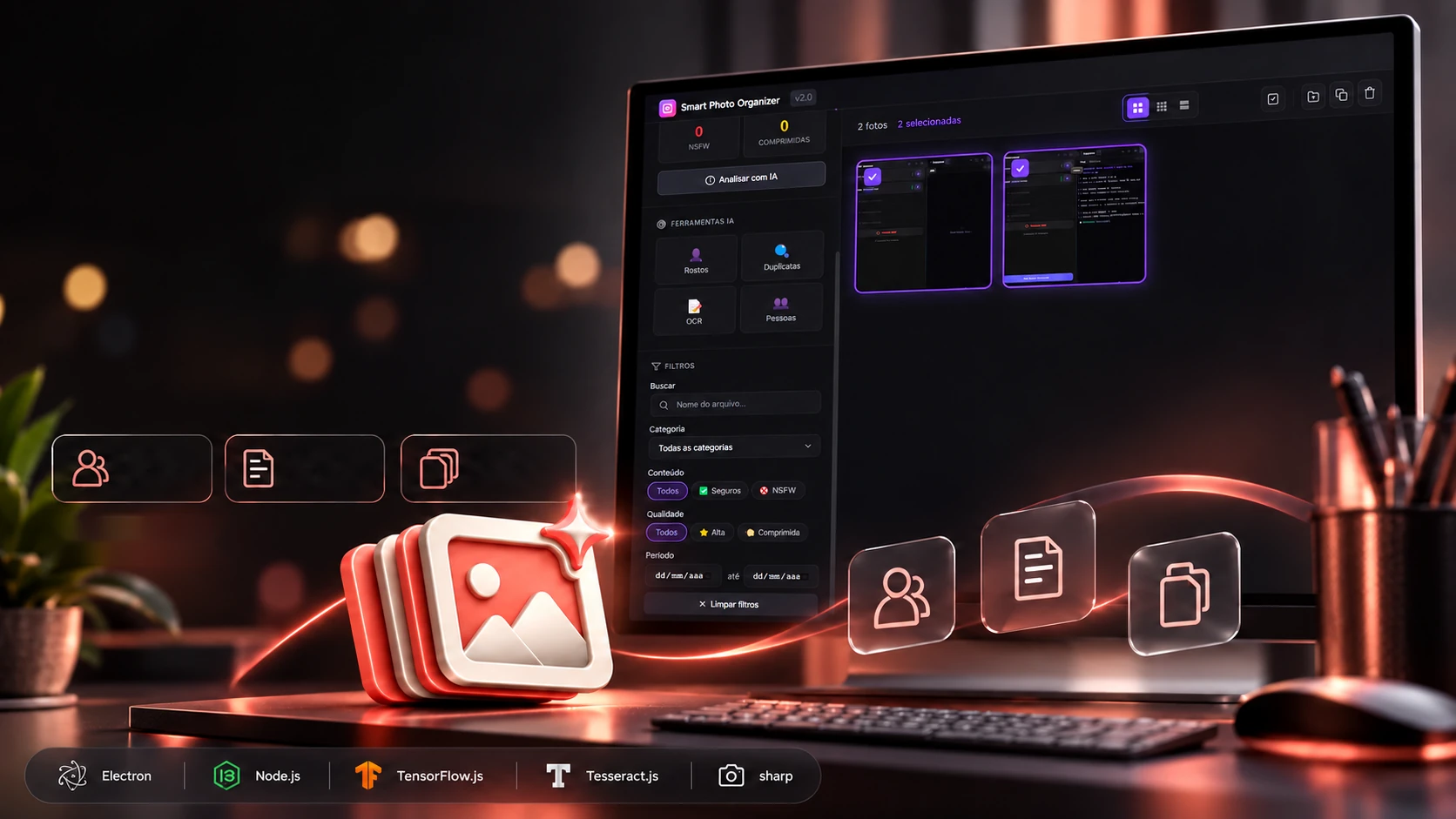 Project scene: the app on a monitor, with face, text and copy icons in front