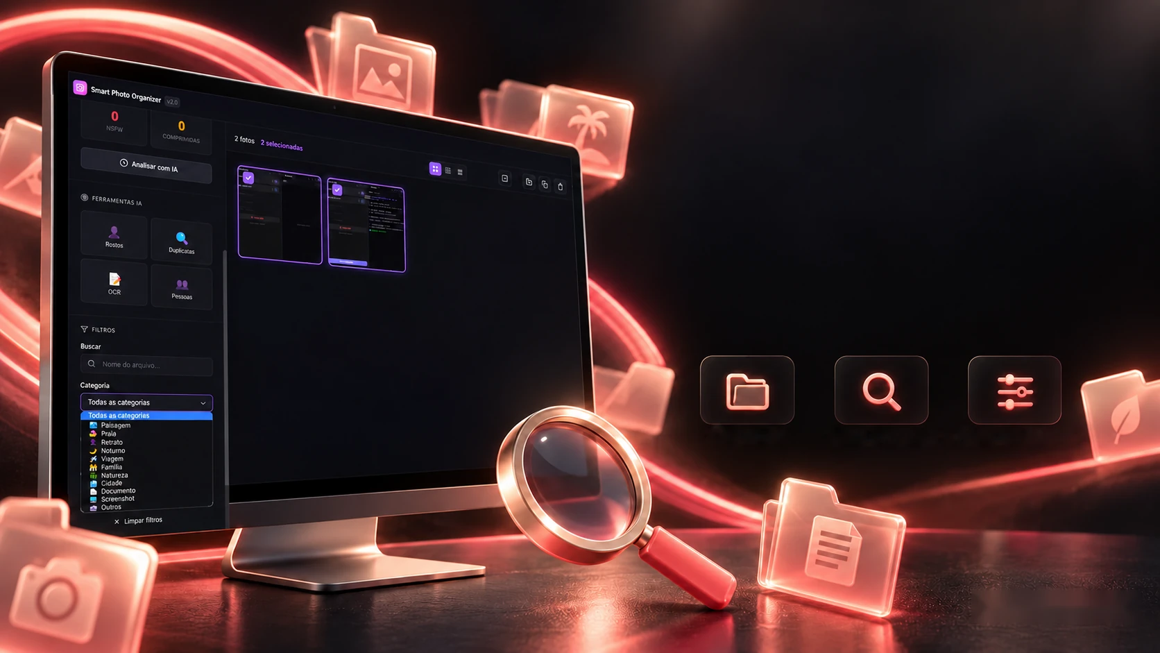 Project scene: the app open on a monitor, with a magnifying glass and red photo folders