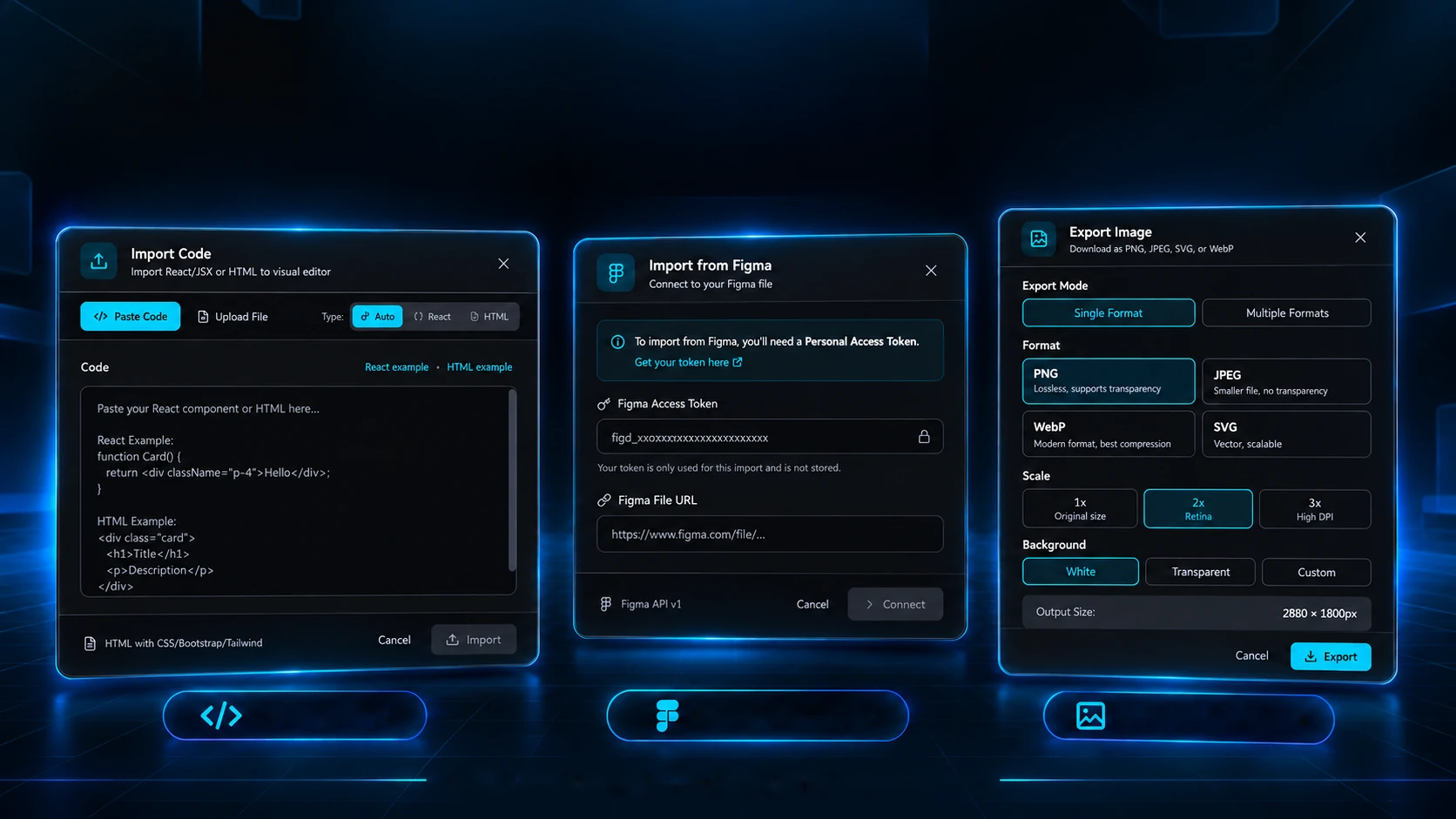 Tres ventanas del editor flotando en un escenario azul: importar código, importar de Figma y exportar imagen