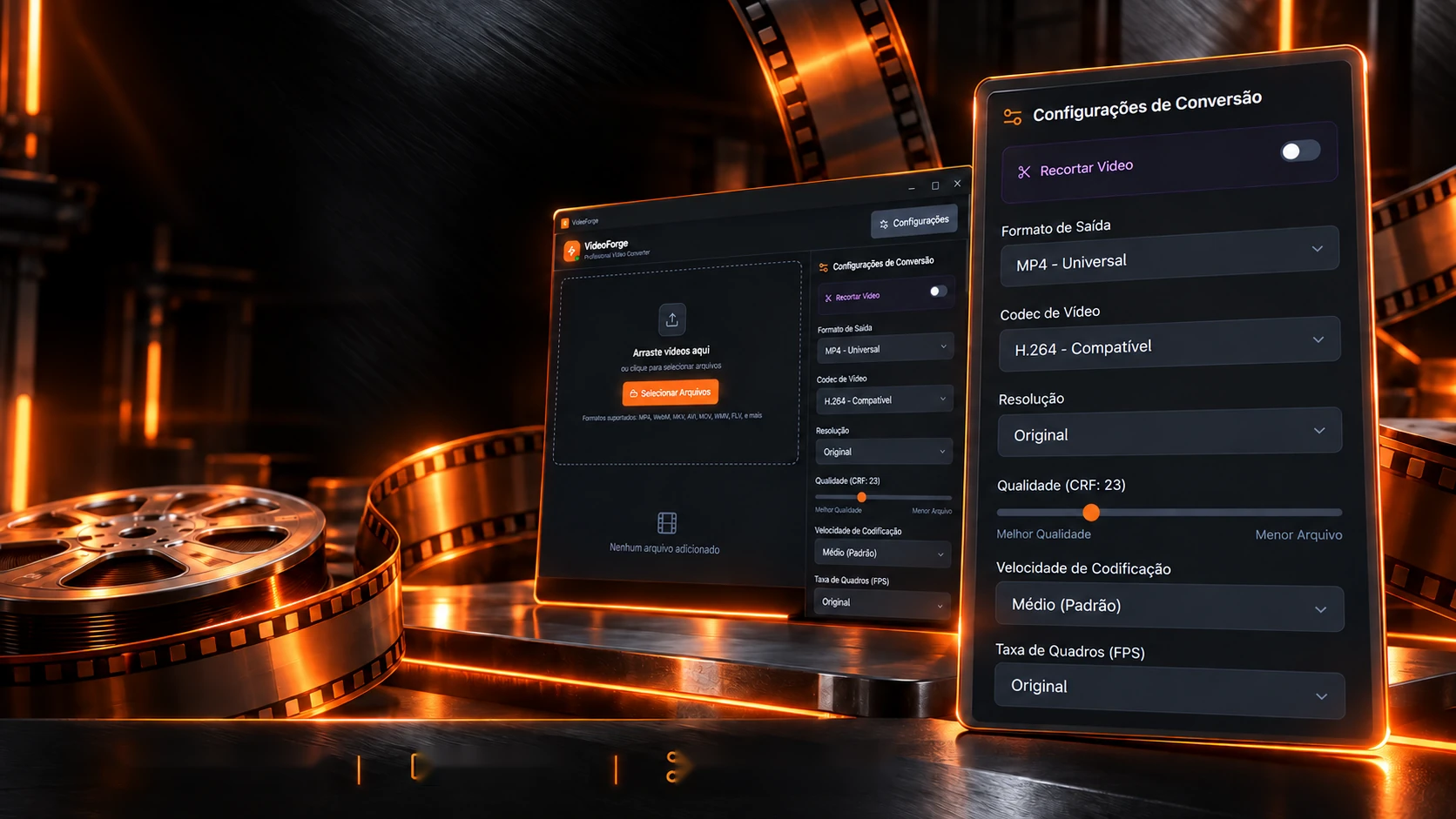 Escena del proyecto: la ventana del programa con la configuración de conversión ampliada al lado, entre rollos de película